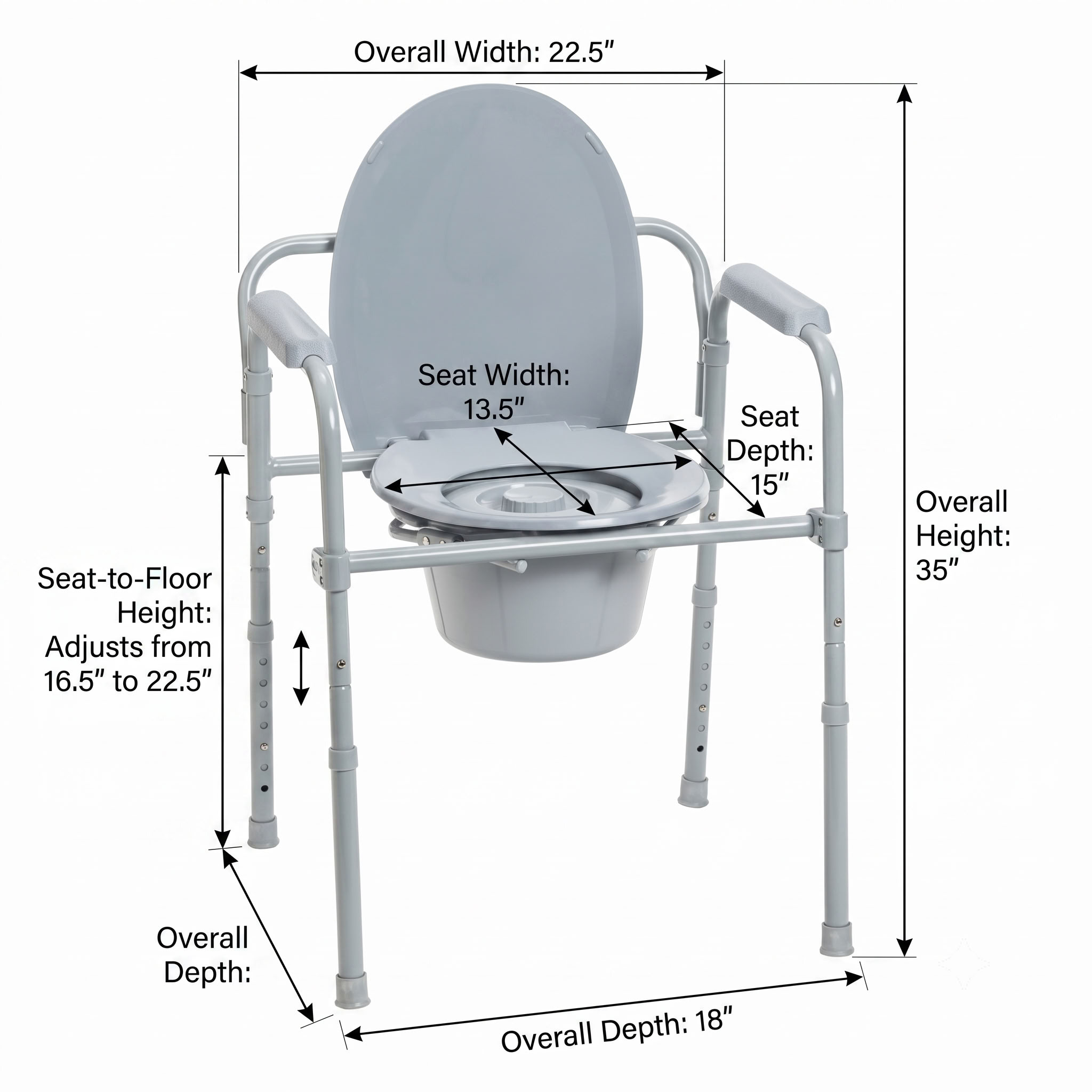 Folding Steel Commode Detailed Dimensions Diagram
