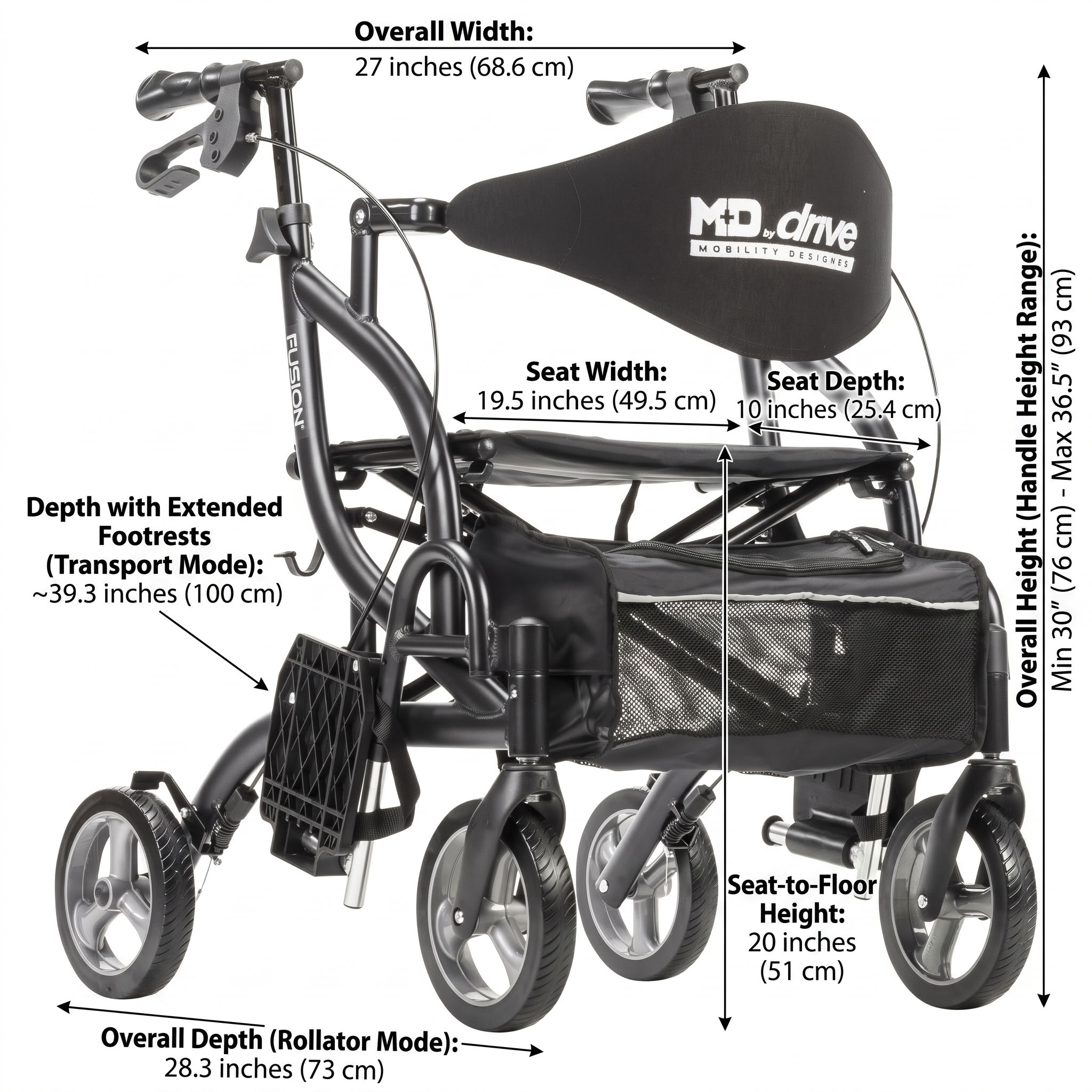 Fusion Rollator / Transport Chair Dimensions