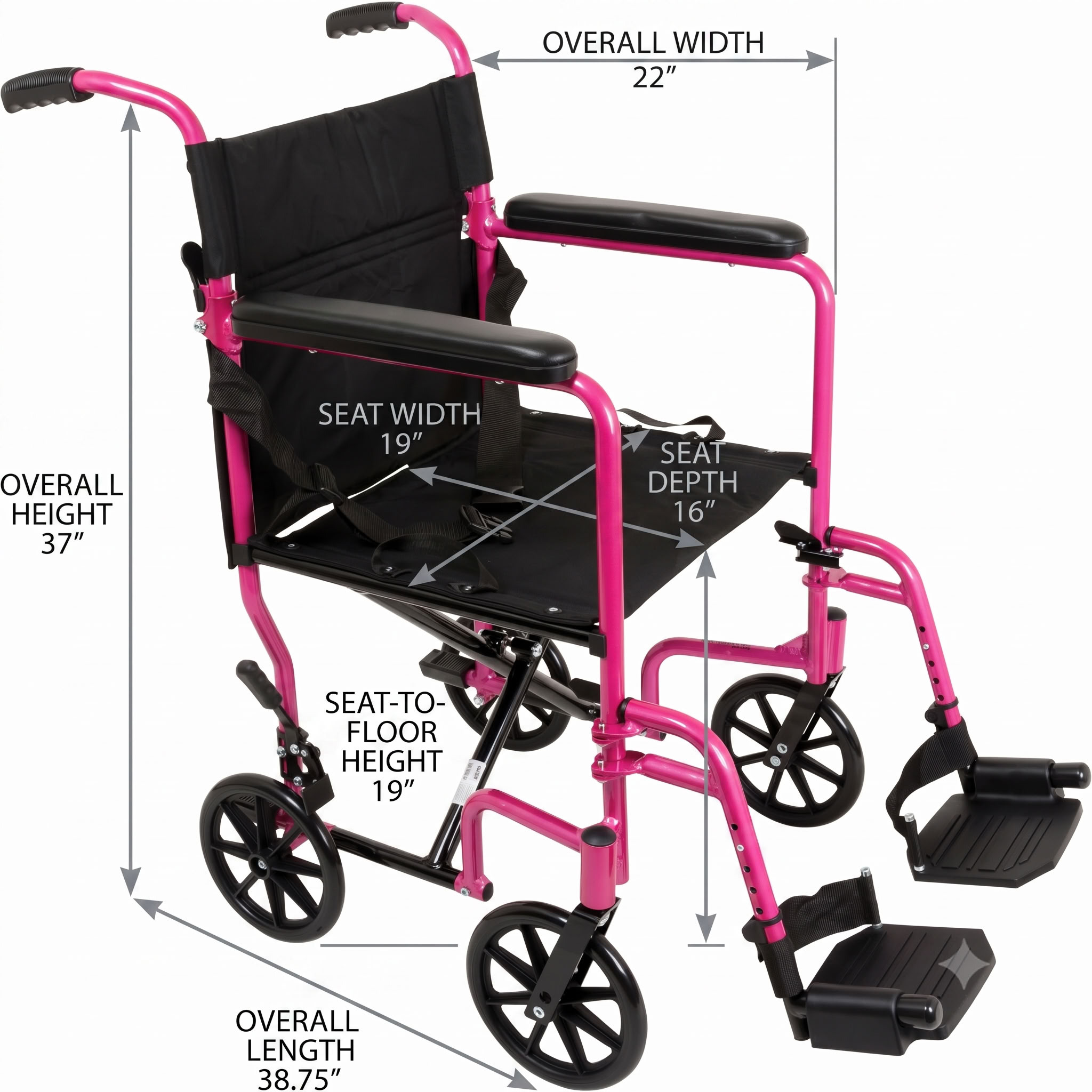 ProBasics Transport Chair Detailed Dimensions Diagram
