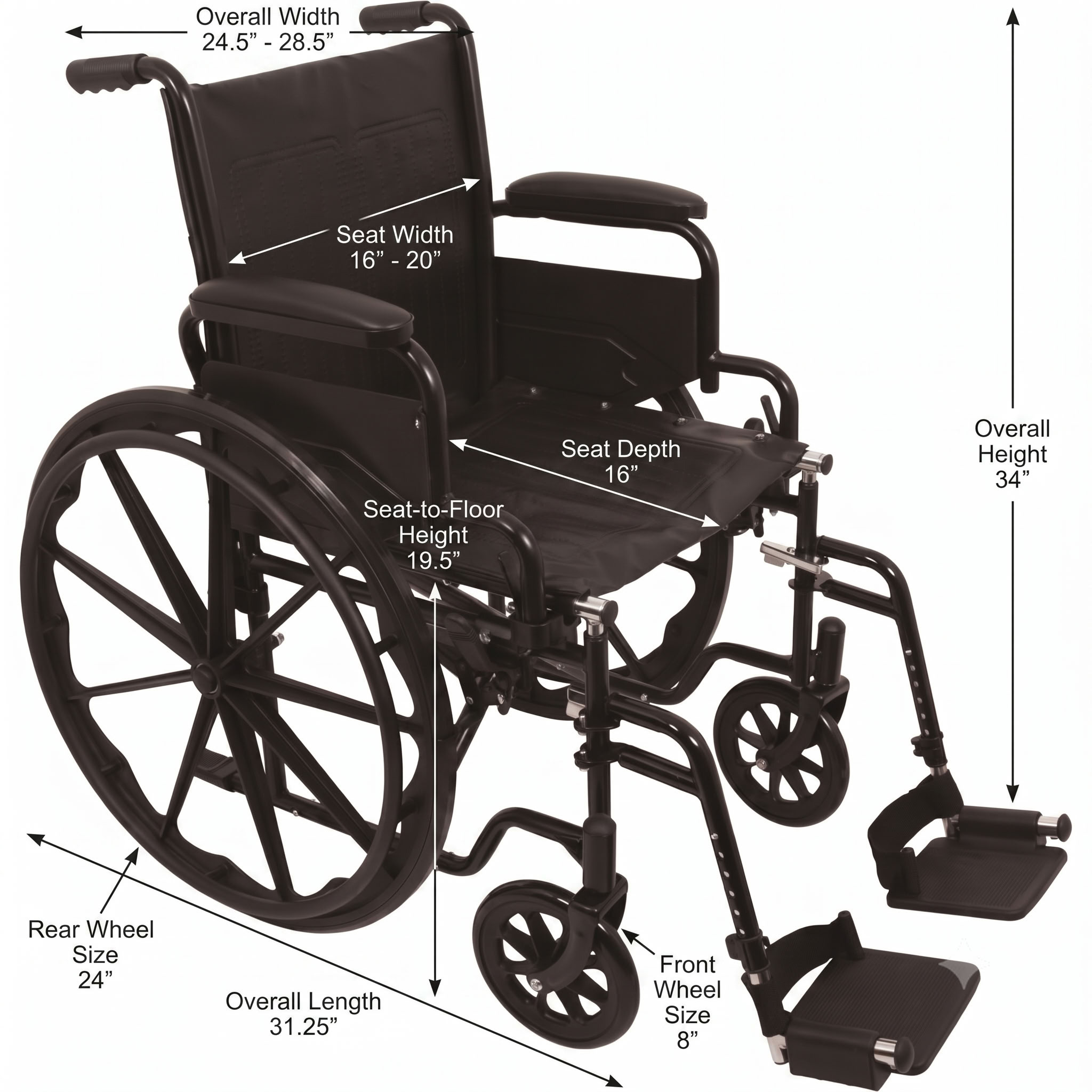 ProBasics K1 Wheelchair Detailed Dimensions Diagram