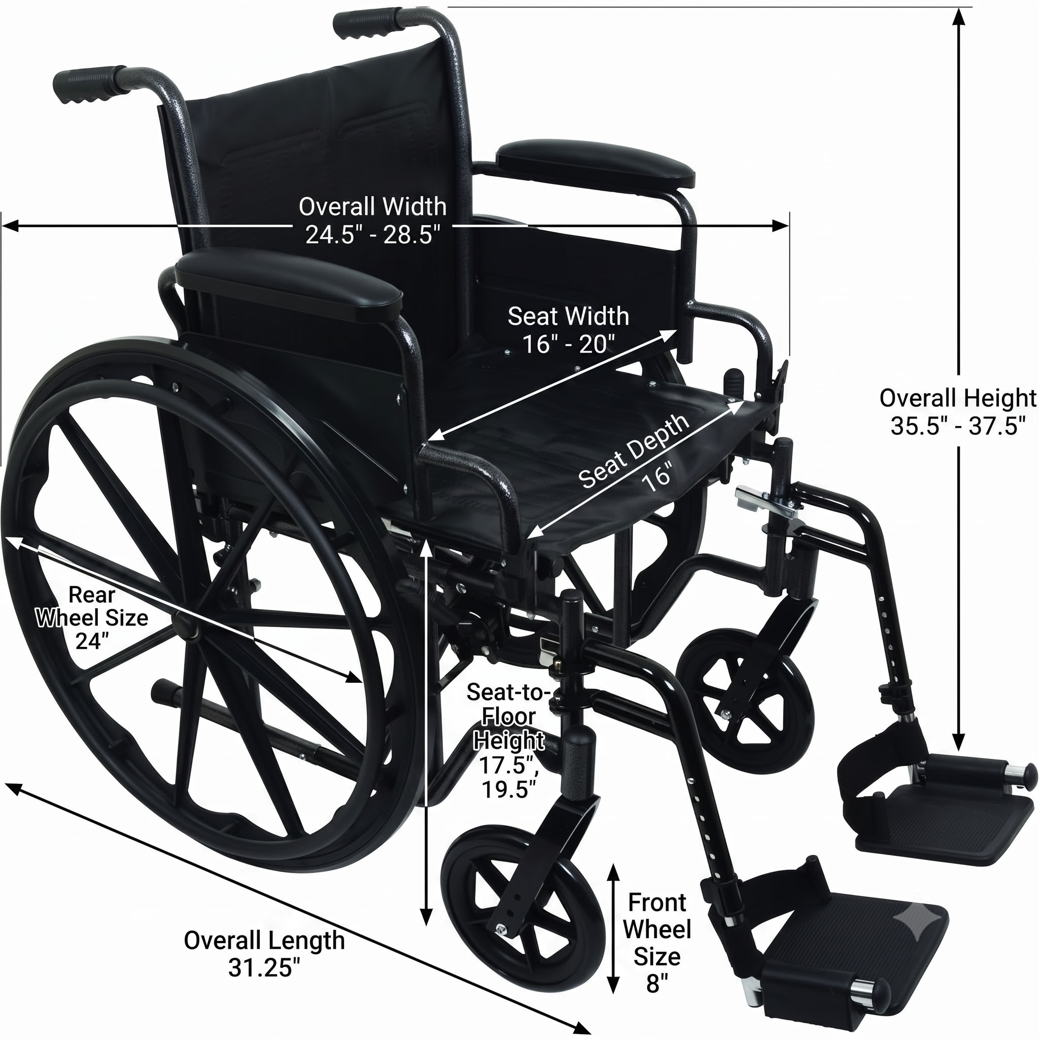 ProBasics K2 Wheelchair Detailed Sizing Blueprint Diagram