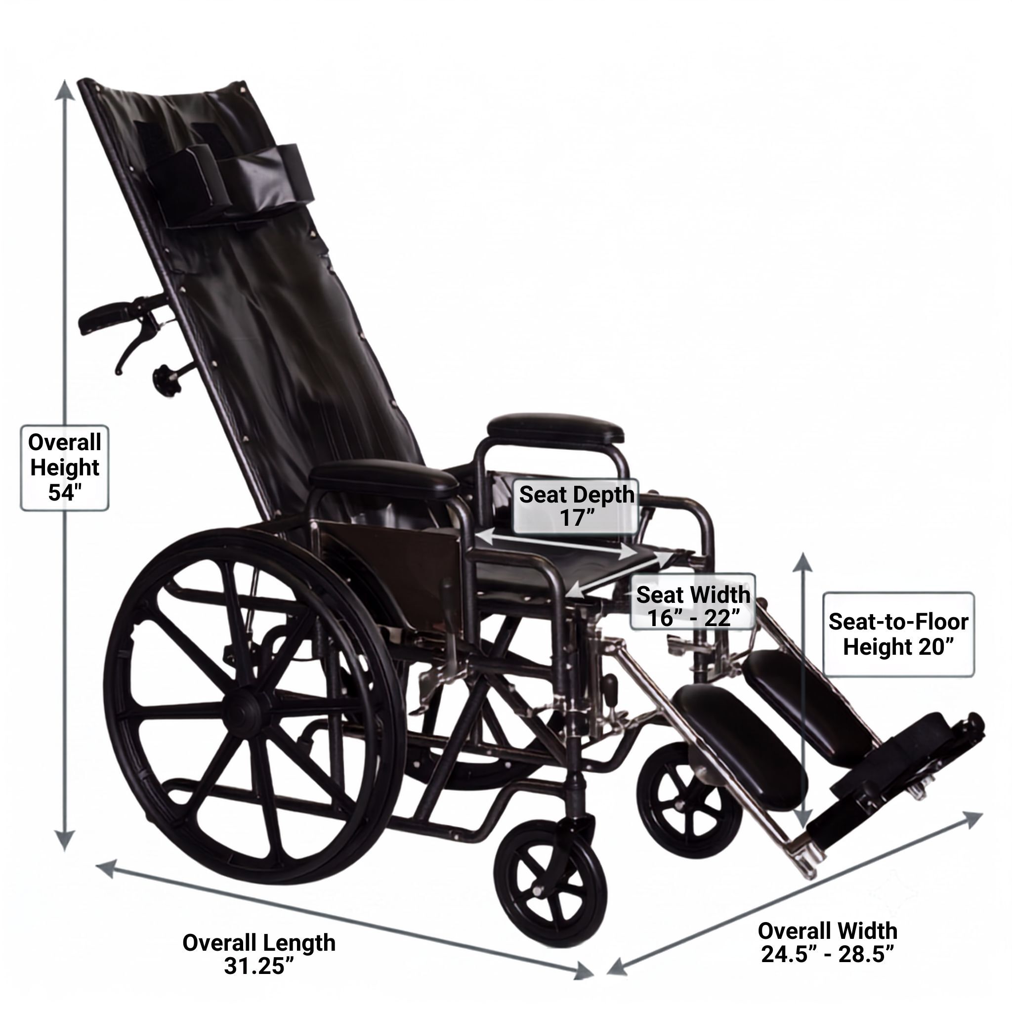 ProBasics Reclining Wheelchair Detailed Dimensions Diagram