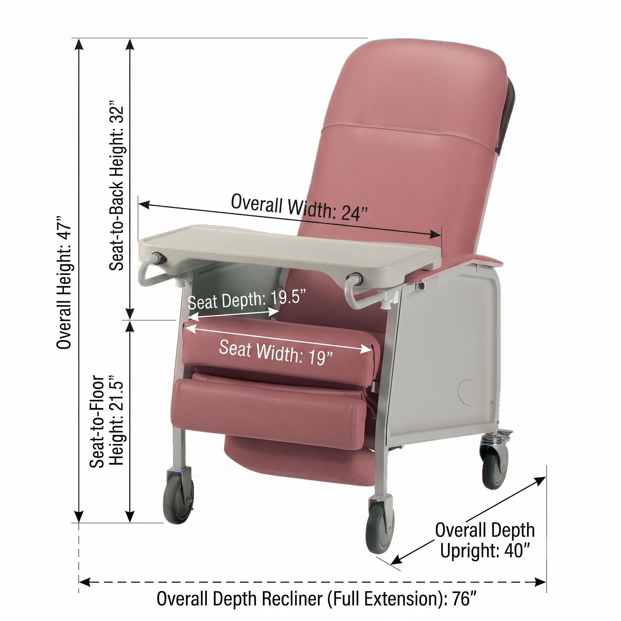 PROBASICS Three-Position Geri Recliner Detailed Dimensions Diagram