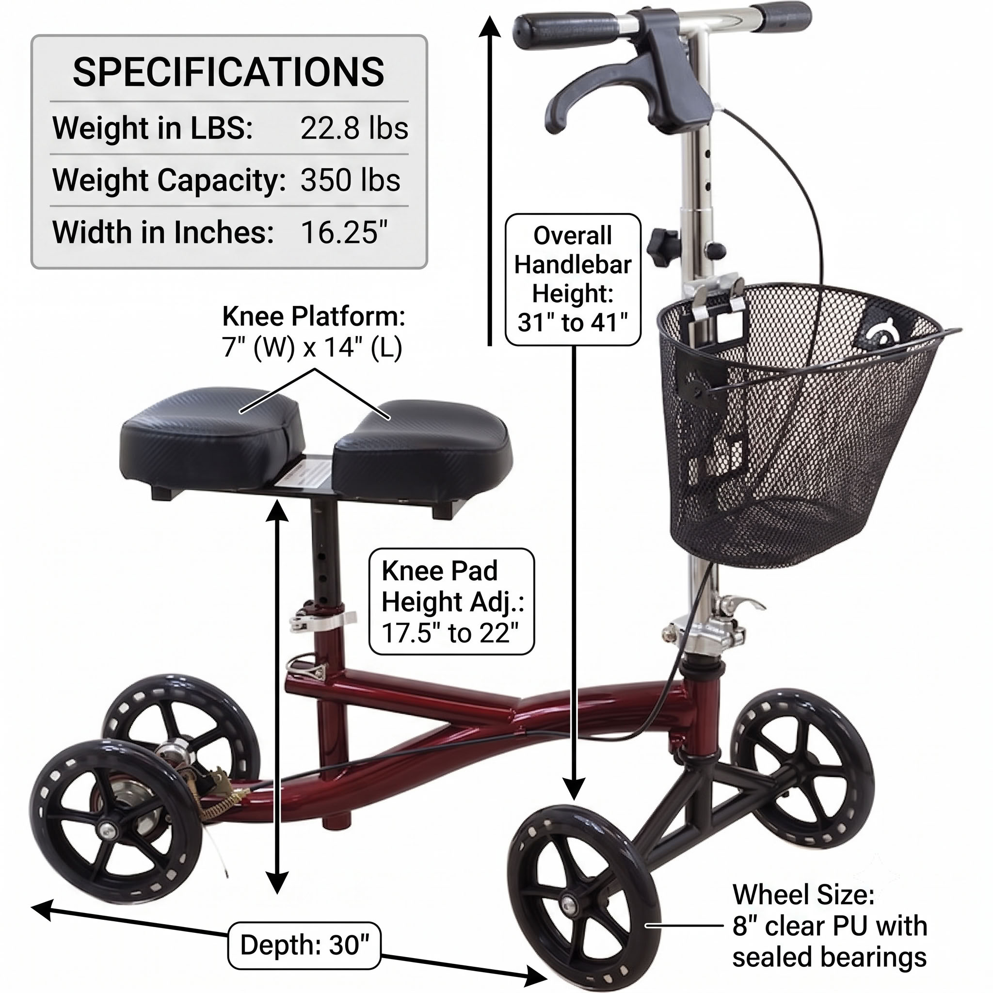 Roscoe Knee Rollator Detailed Dimensions Diagram