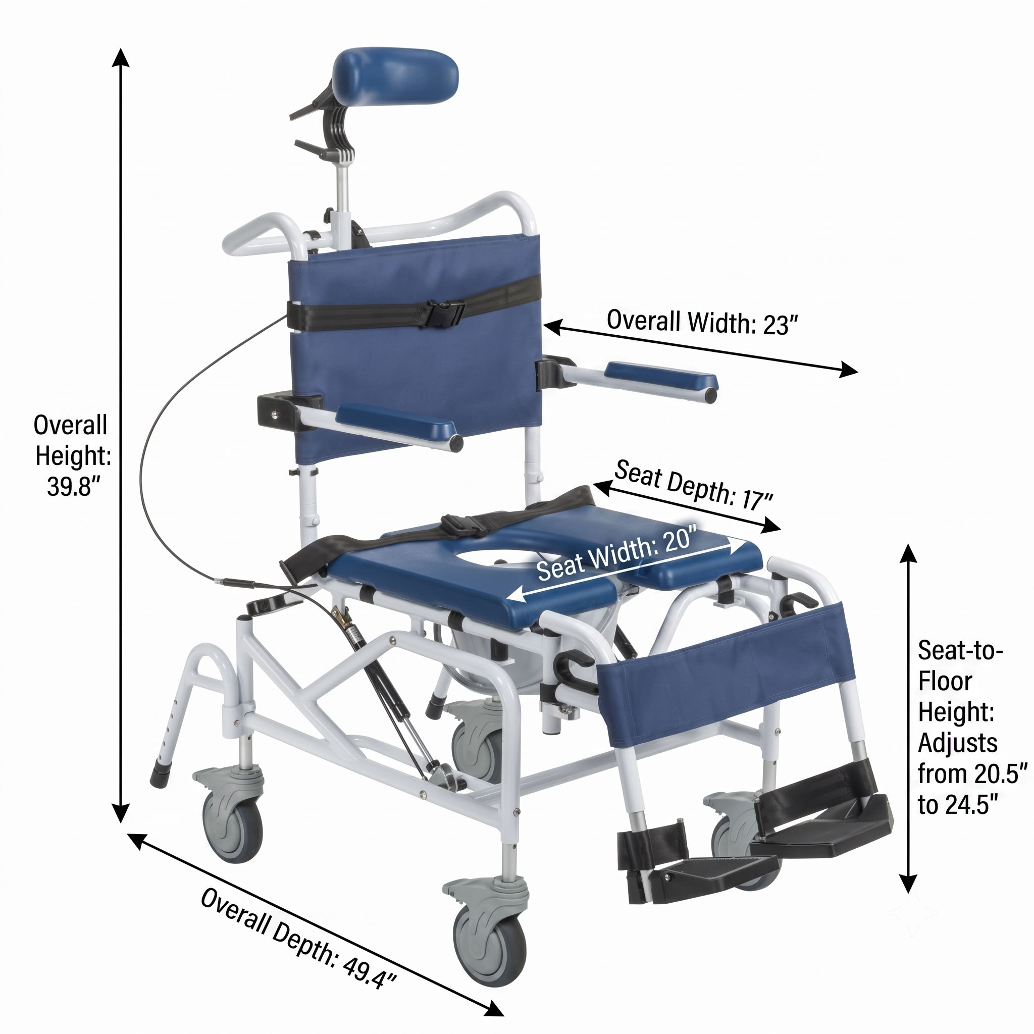 Tilting Rehab Shower Chair Detailed Dimensions Diagram