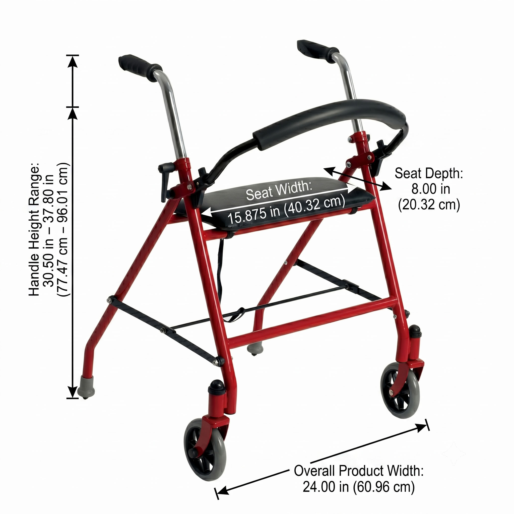 Two Wheeled Walker with Seat Detailed Dimensions Diagram