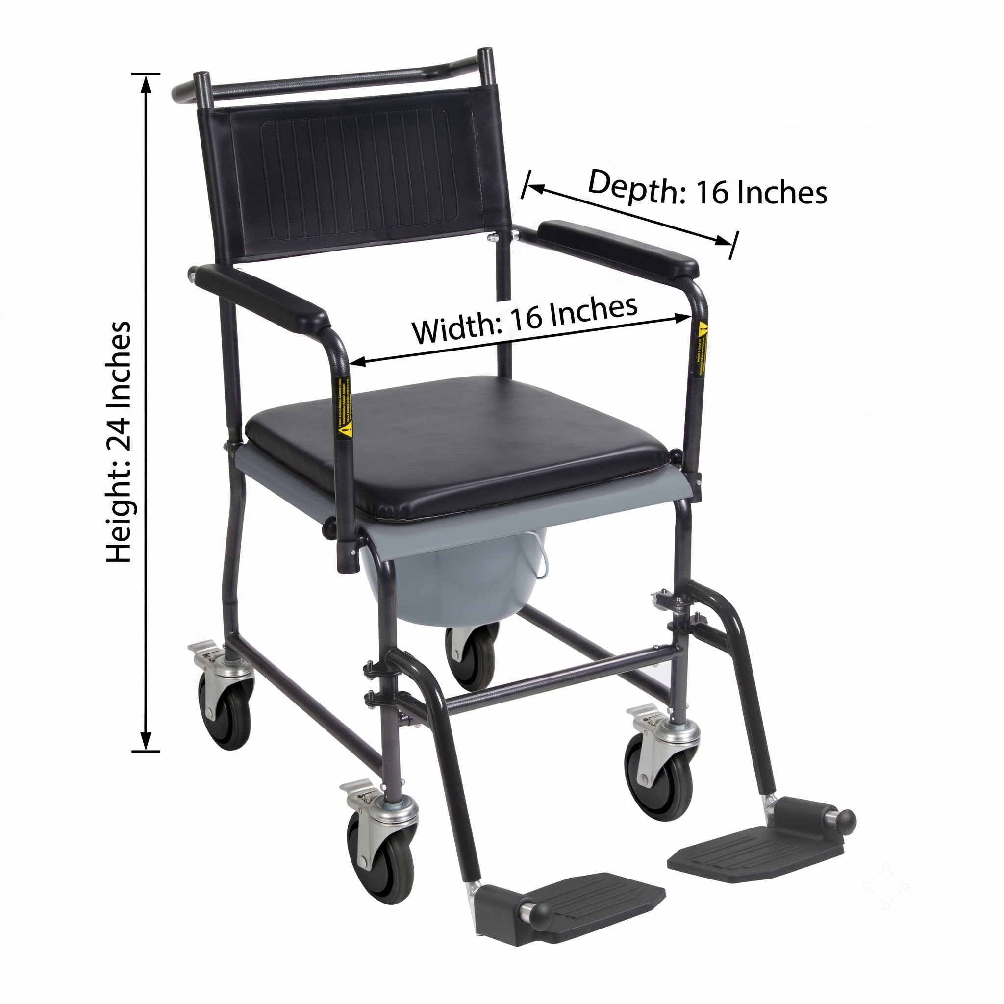 Upholstered Drop Arm Wheeled Commode Detailed Dimensions Diagram