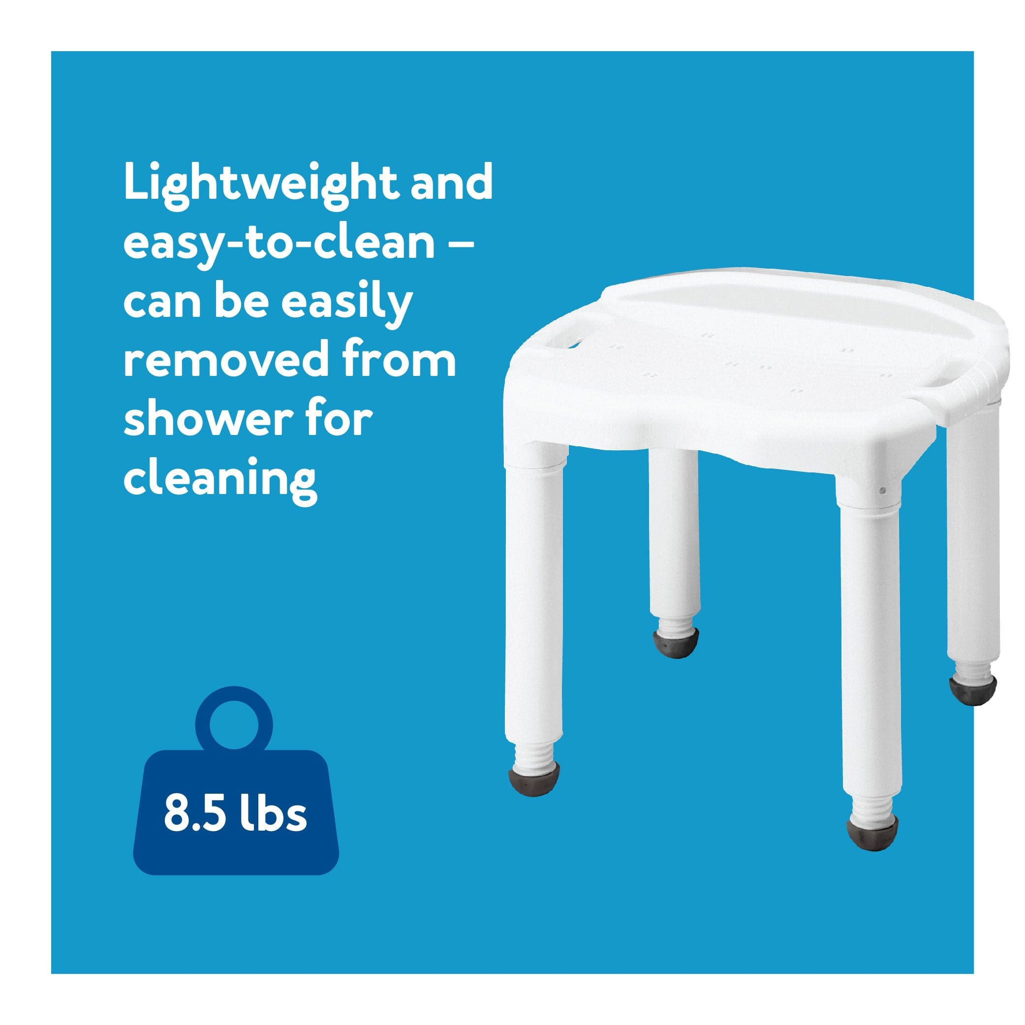 Carex Universal Bath Seat without Back shown as lightweight and easy to clean at 8.5 lbs