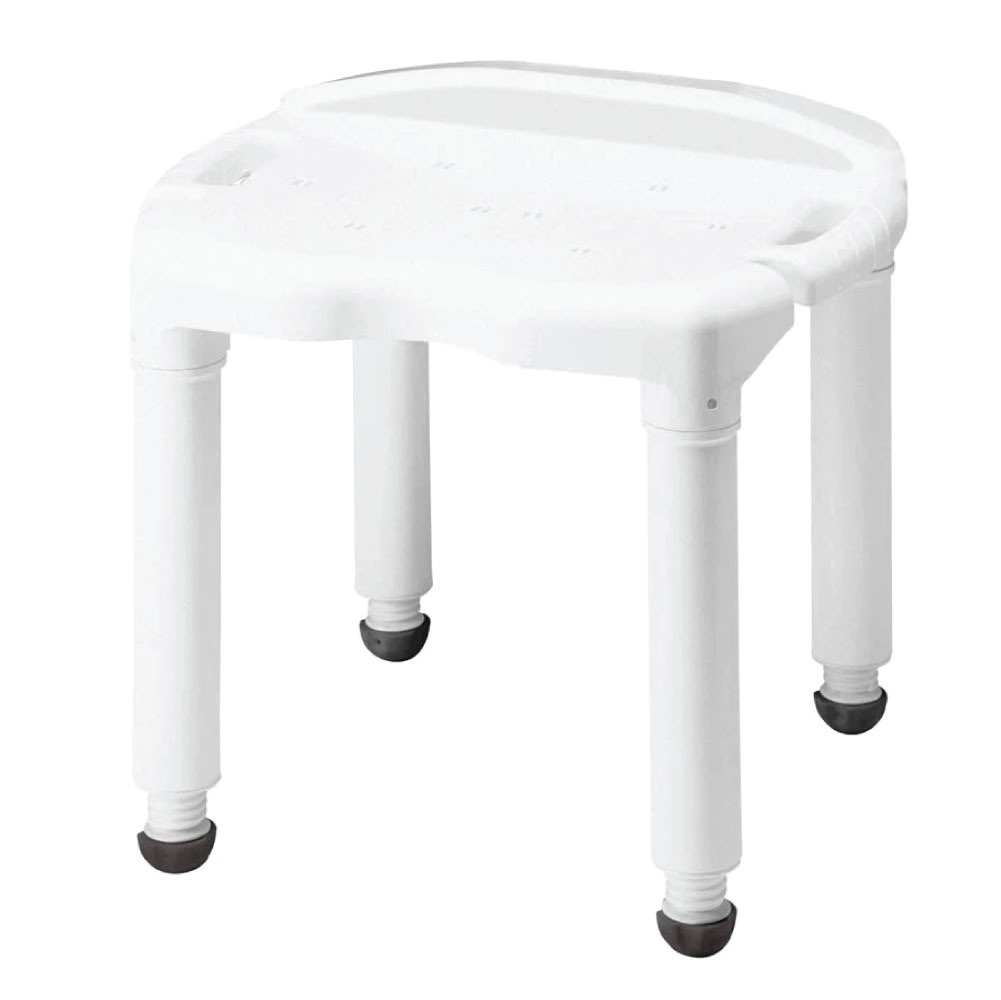 Carex Universal Bath Seat without Back with white molded contoured seat, side handle cutouts, drainage holes, and adjustable legs with non-slip tips