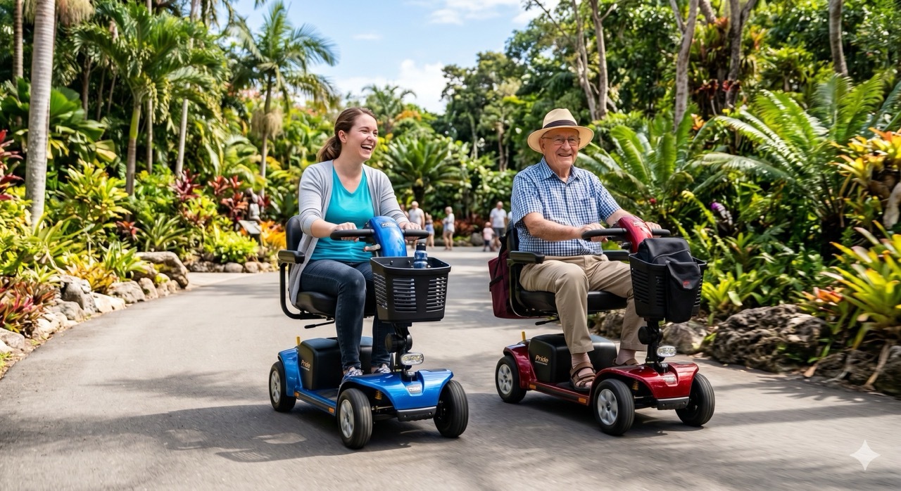 Seniors riding mobility scooters through an outdoor garden