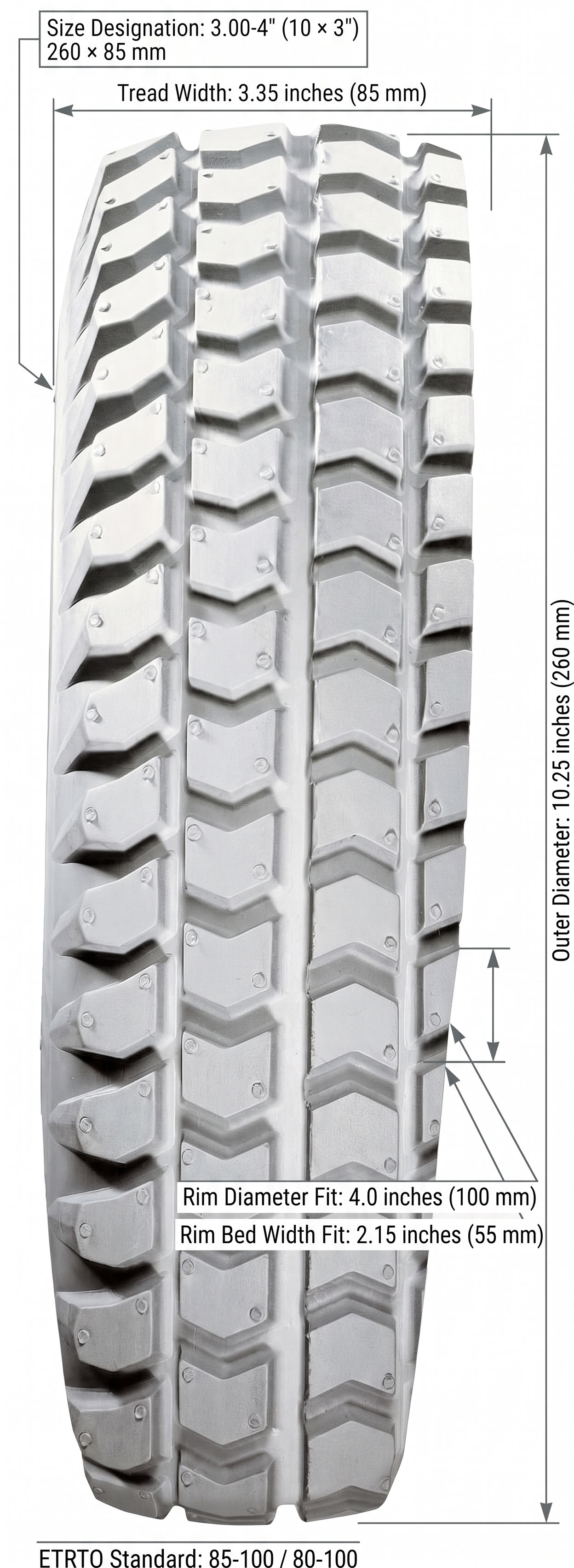 Rolko 3.00-4" (10x3") grey all weather pneumatic tire dimensions diagram