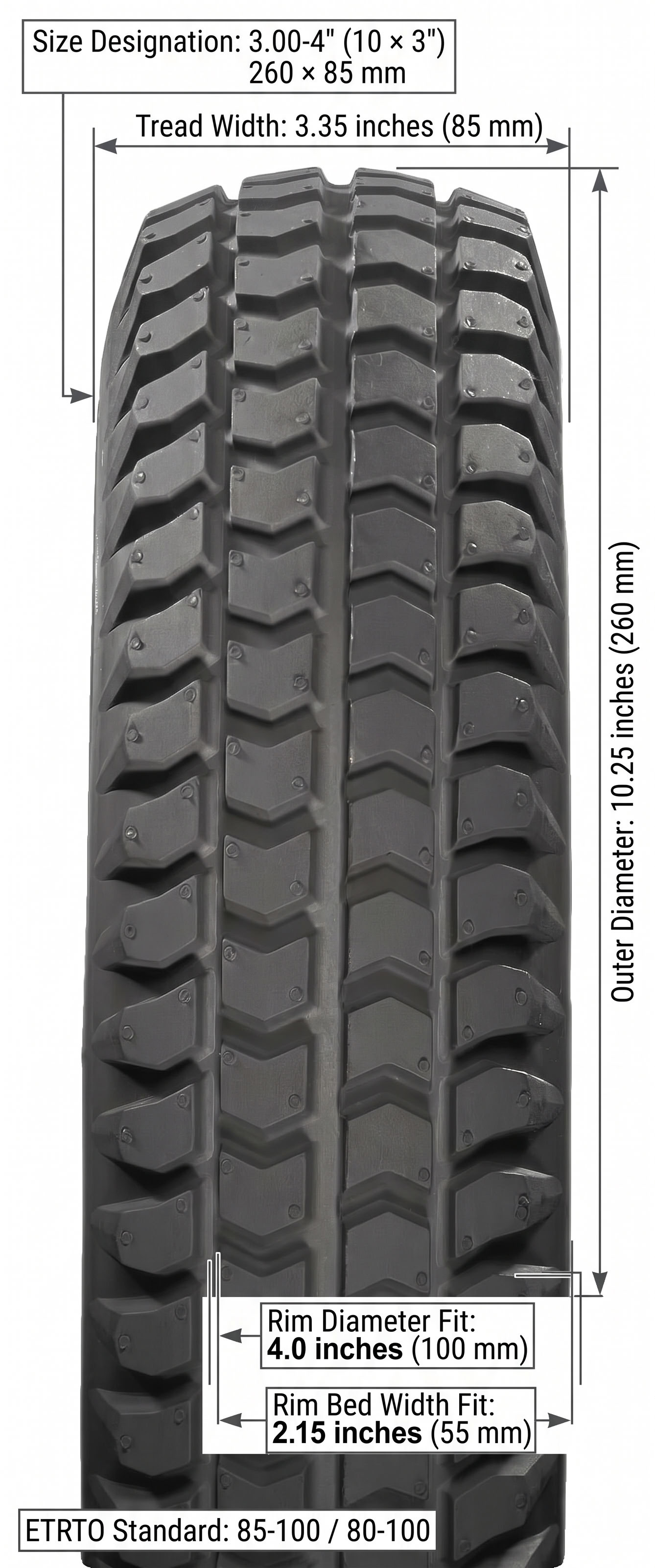 Rolko 3.00-4" (10x3") black non-marking all weather pneumatic tire dimensions diagram