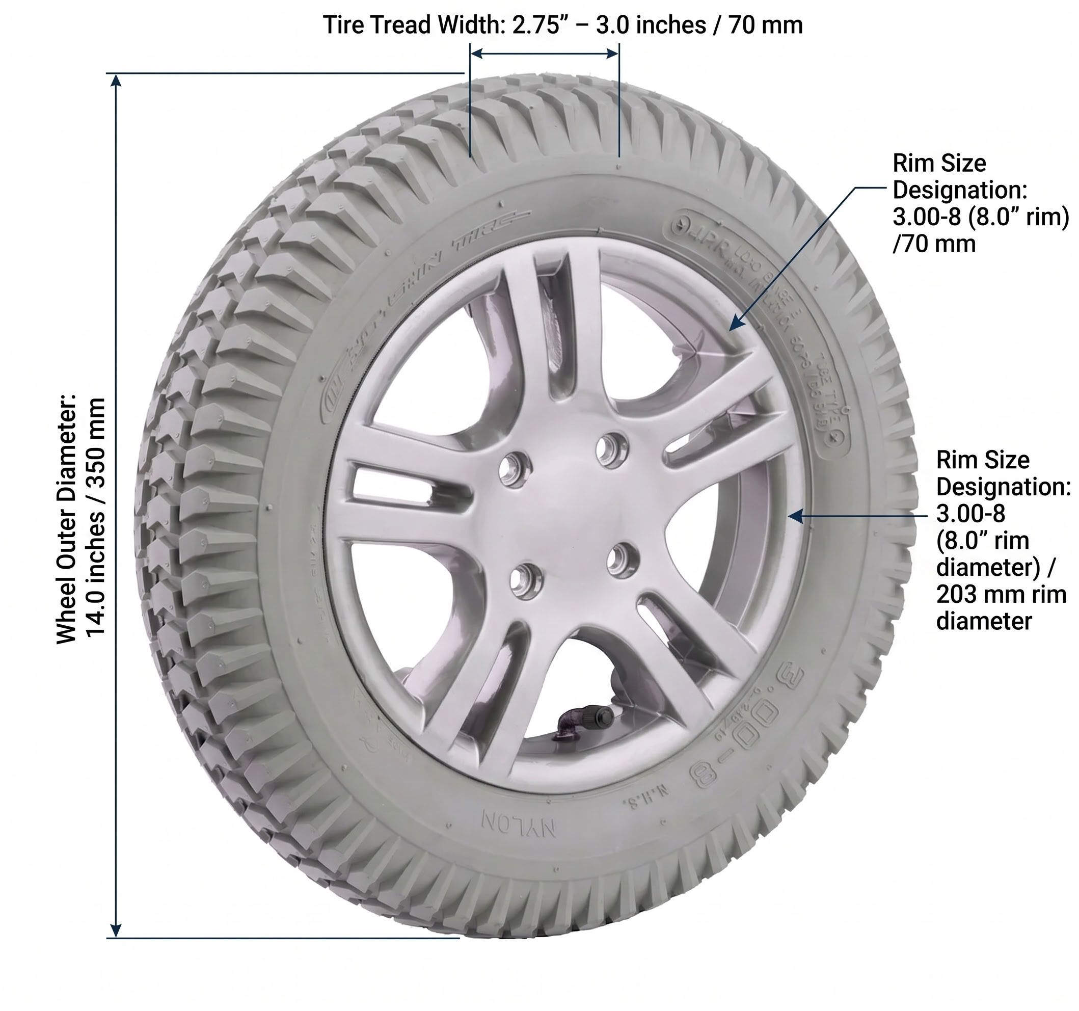 14x3 inch Complete Drive Wheel for Permobil dimensions