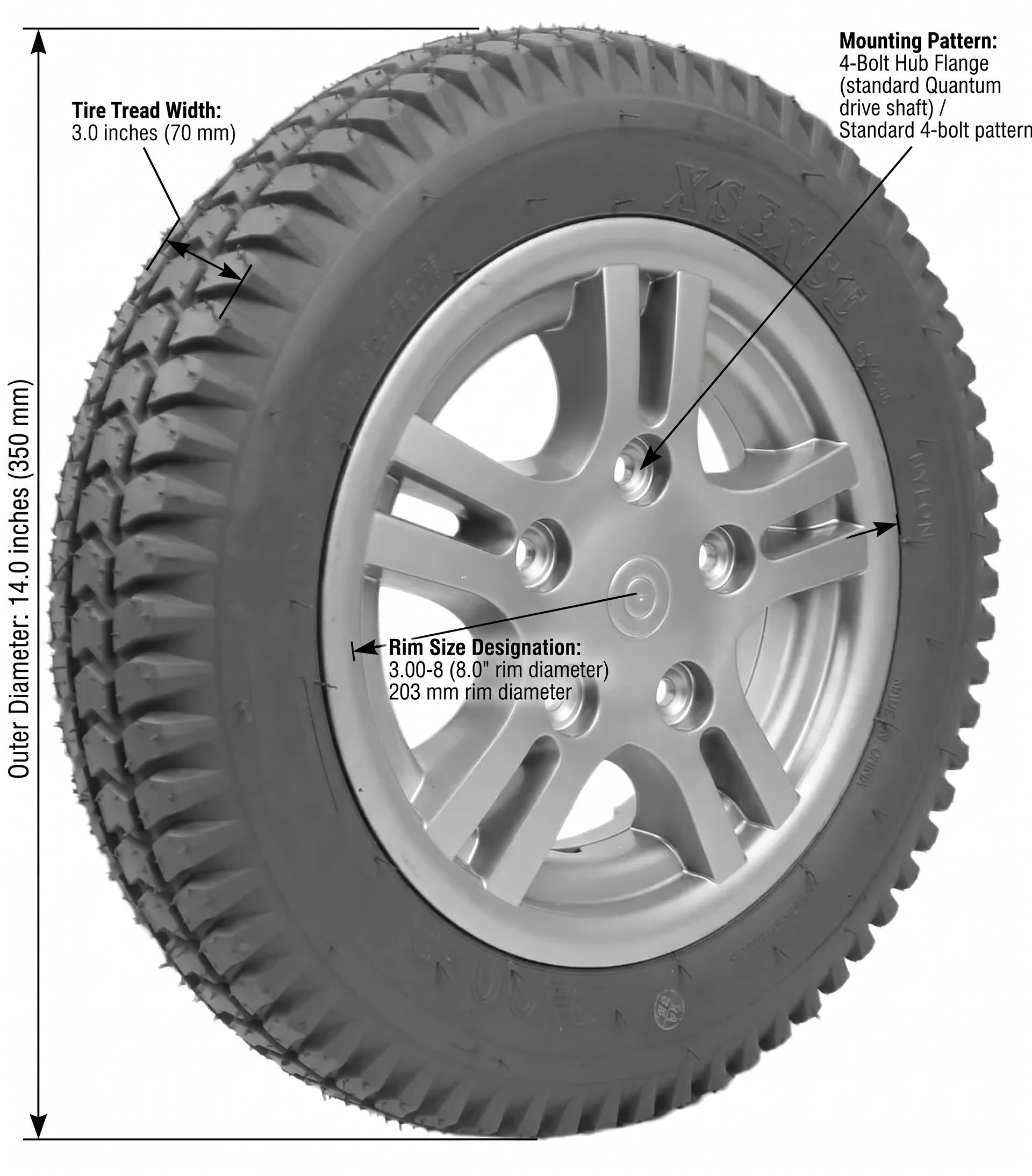 14x3 inch Quantum drive wheel assembly dimensions