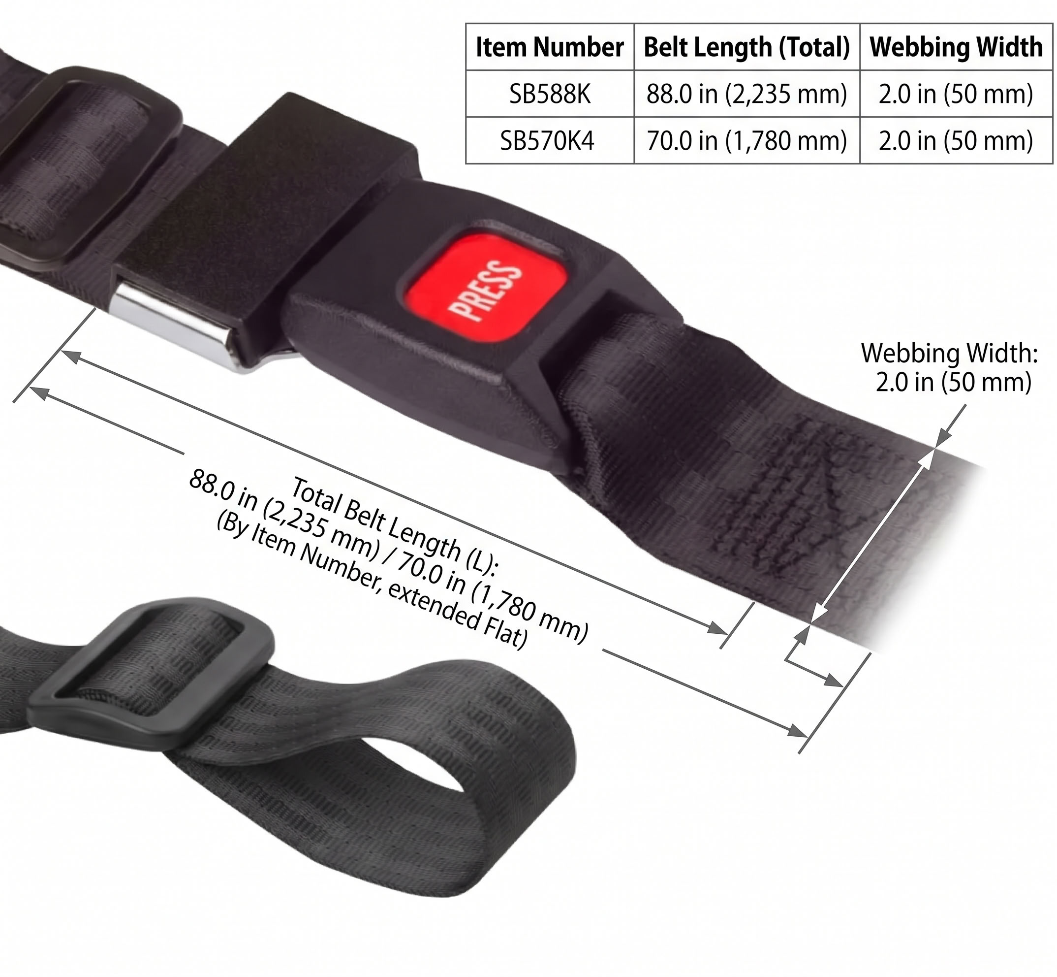 Rolko 2 point positioning belt push button with triglides dimensions diagram