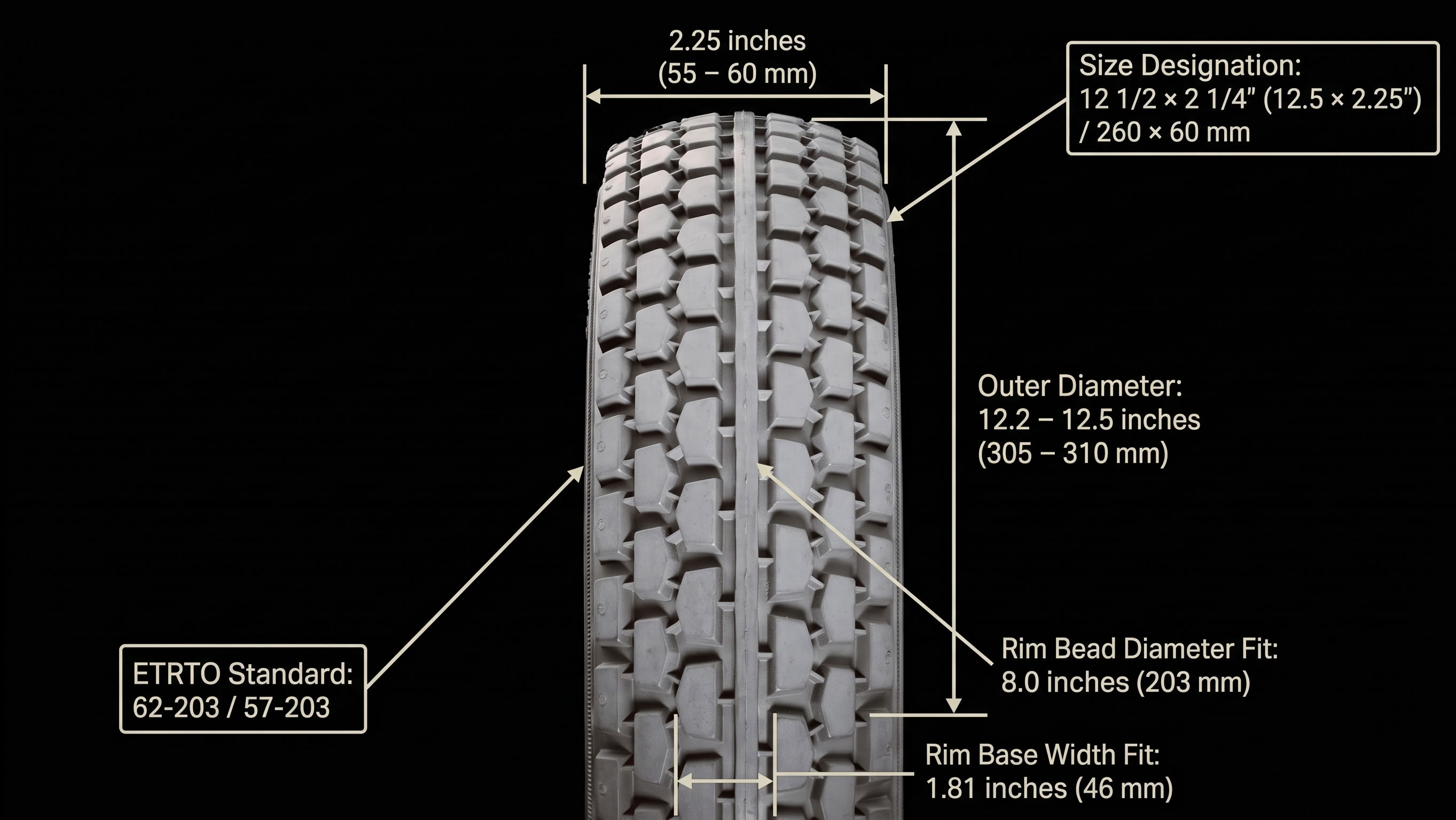 Rolko 260x60 mm Grey All-Weather Tire Dimensions Diagram
