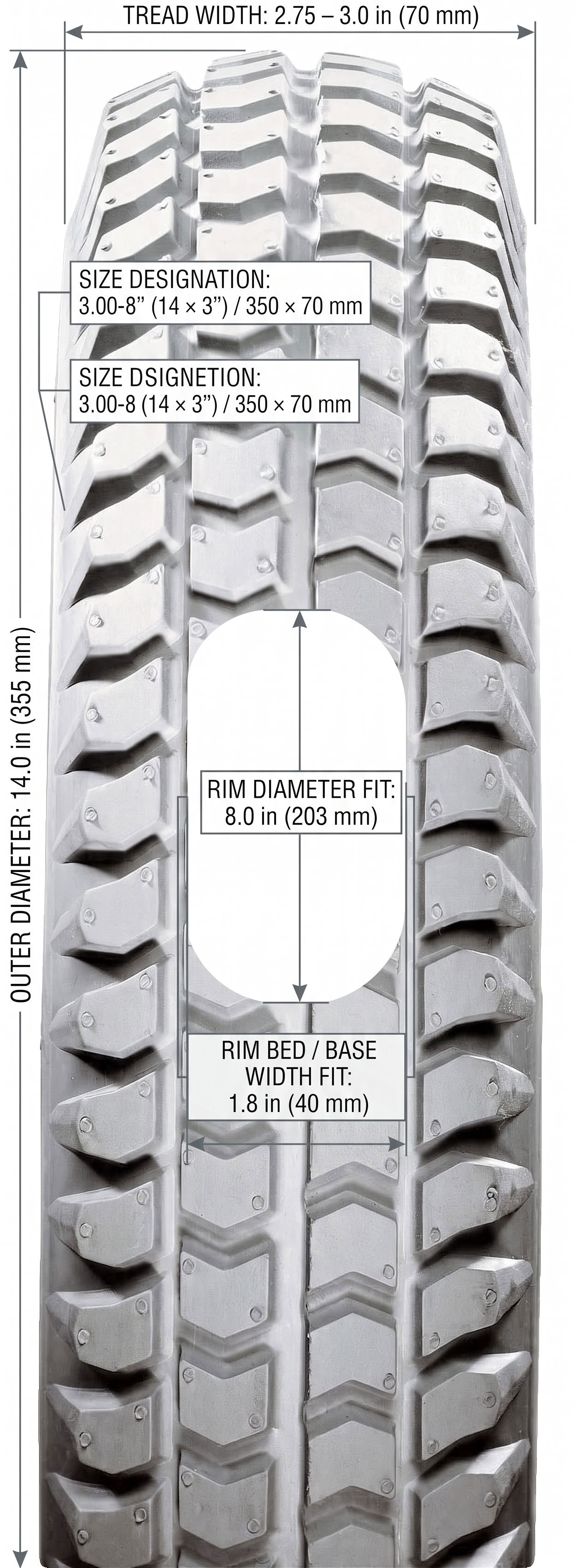 Rolko 3.00-8 in tire dimensions