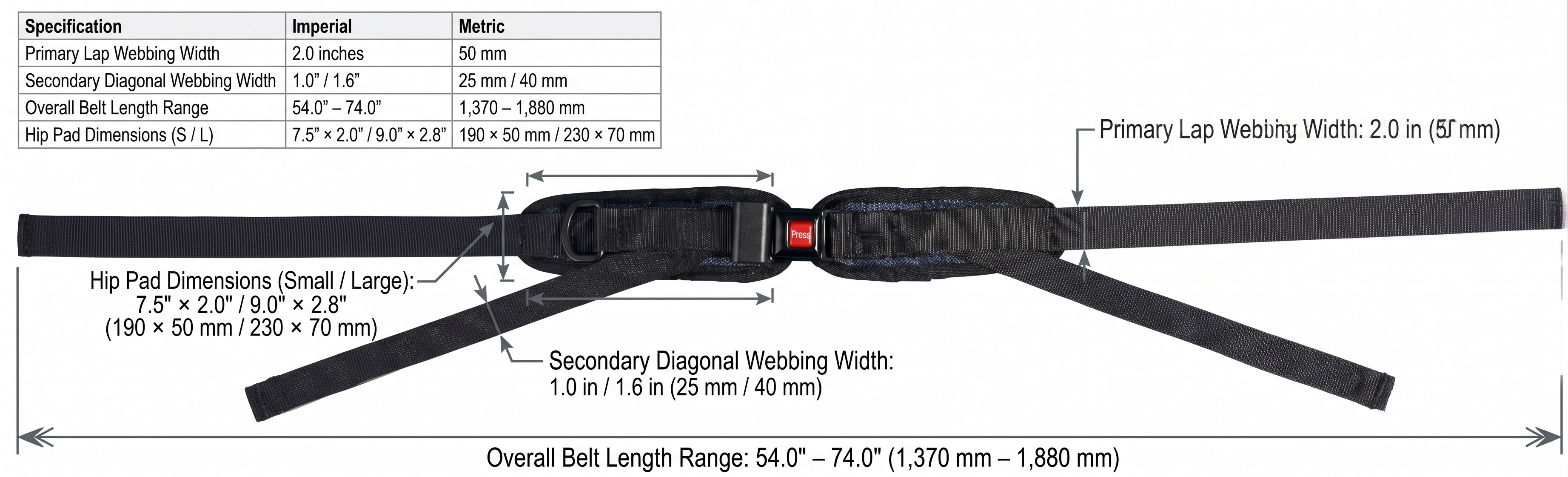 4-Point Positioning Belt Dimensions