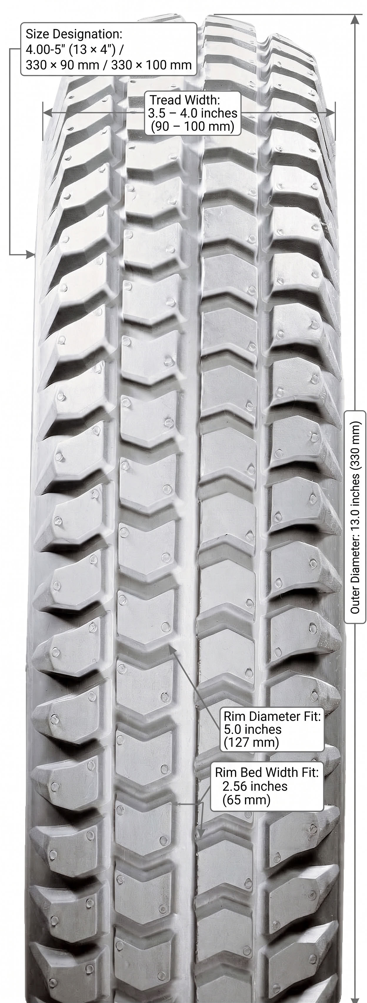 Rolko 4.00-5" Grey tire dimensions diagram