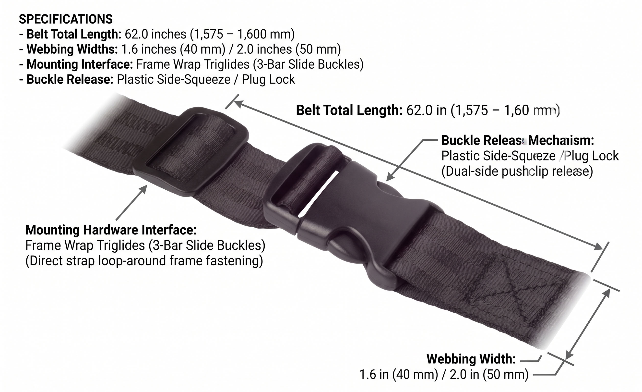 Rolko 62" 2 Point Plastic Snap Buckle dimensions diagram