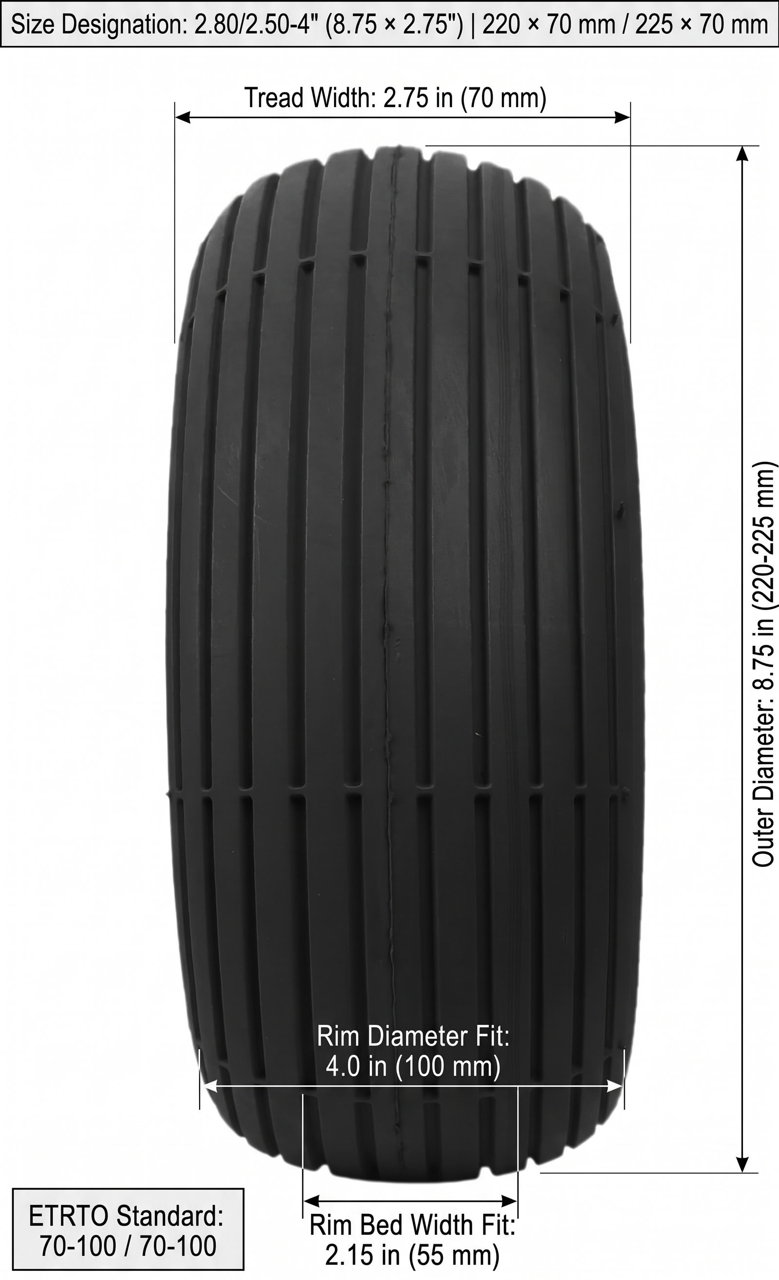 Rolko 2.80/2.50-4" black pneumatic non-marking tire dimensions diagram