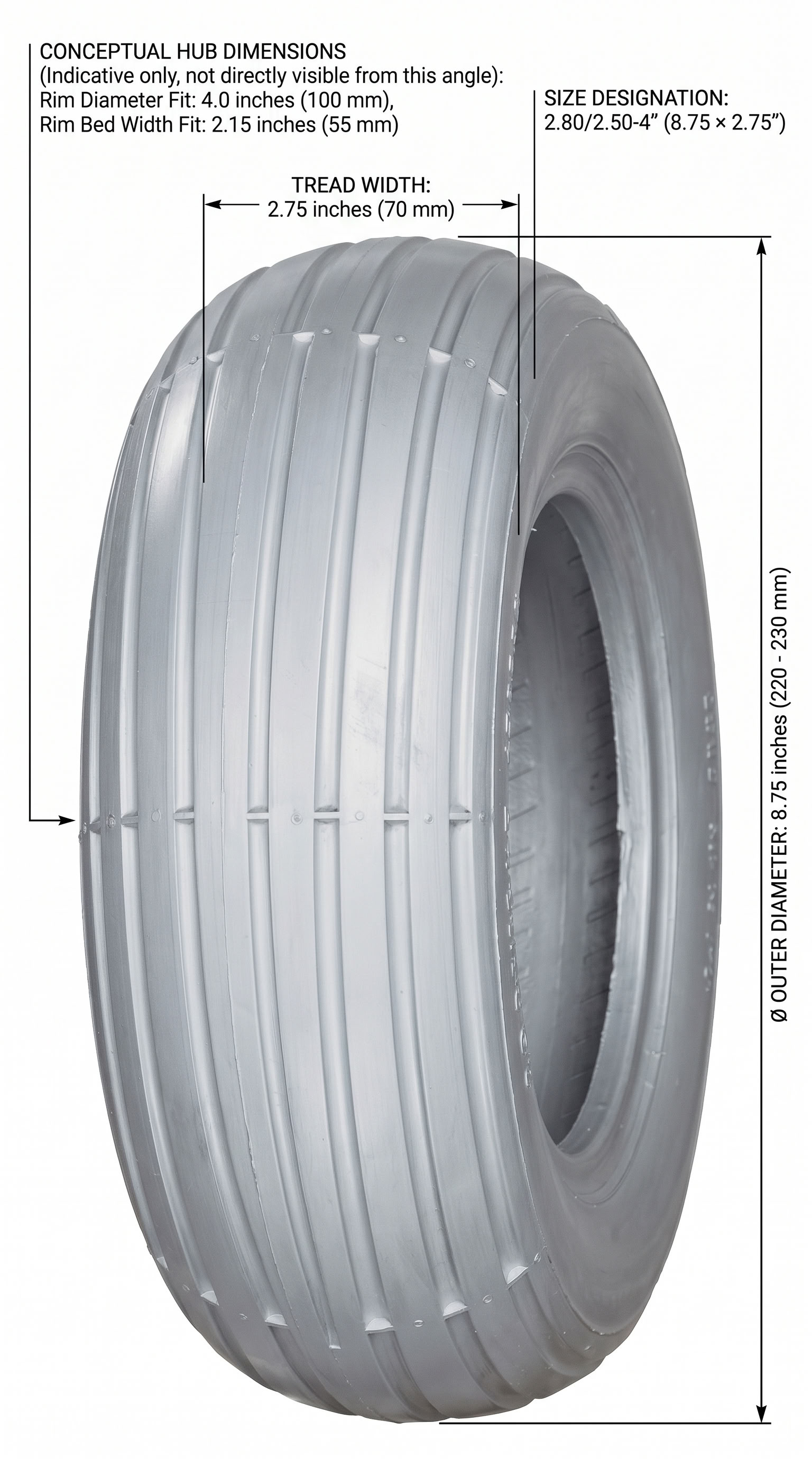 Rolko 2.80/2.50-4" grey pneumatic tire dimensions diagram