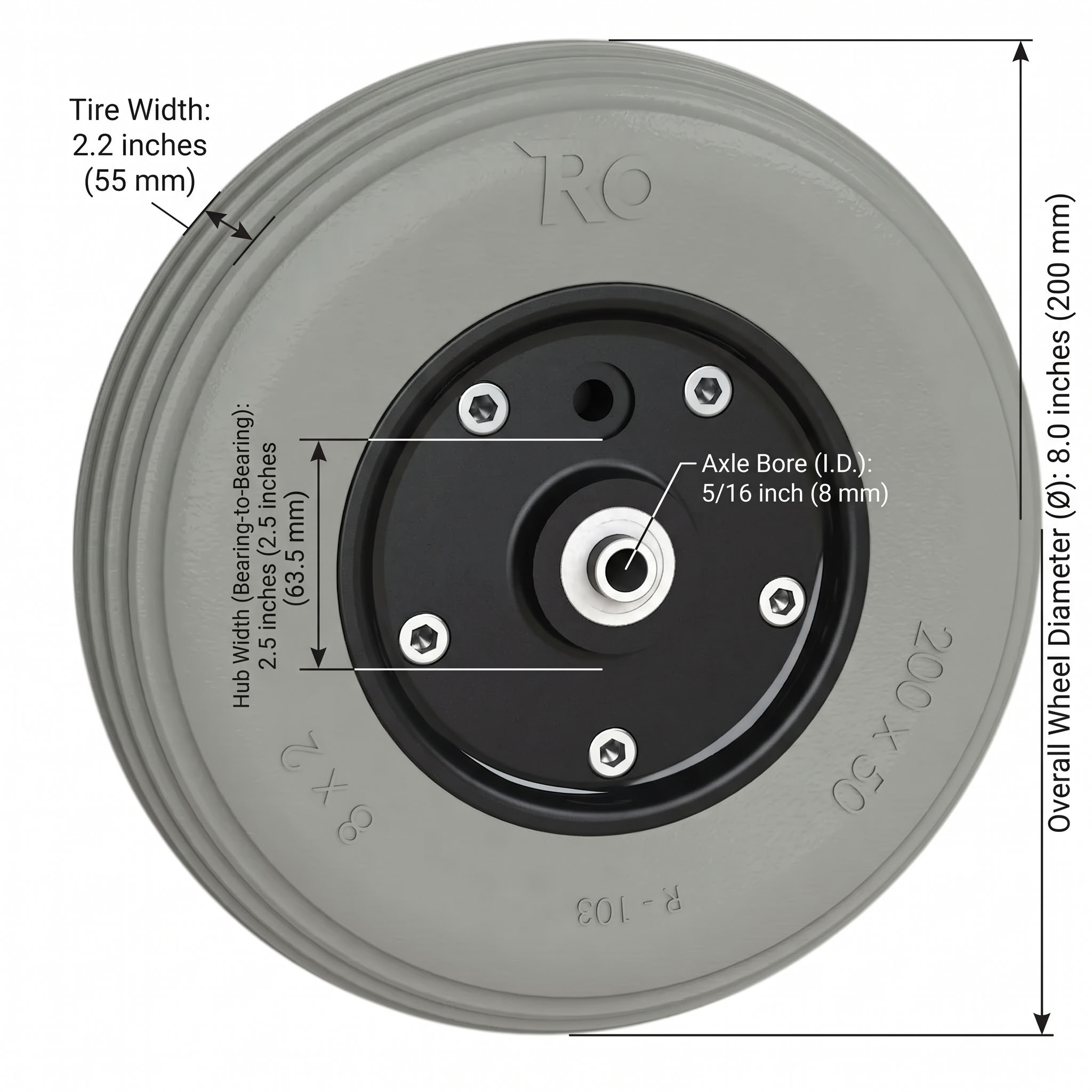 8x2.2 inch Caster Wheel Assembly dimensions diagram