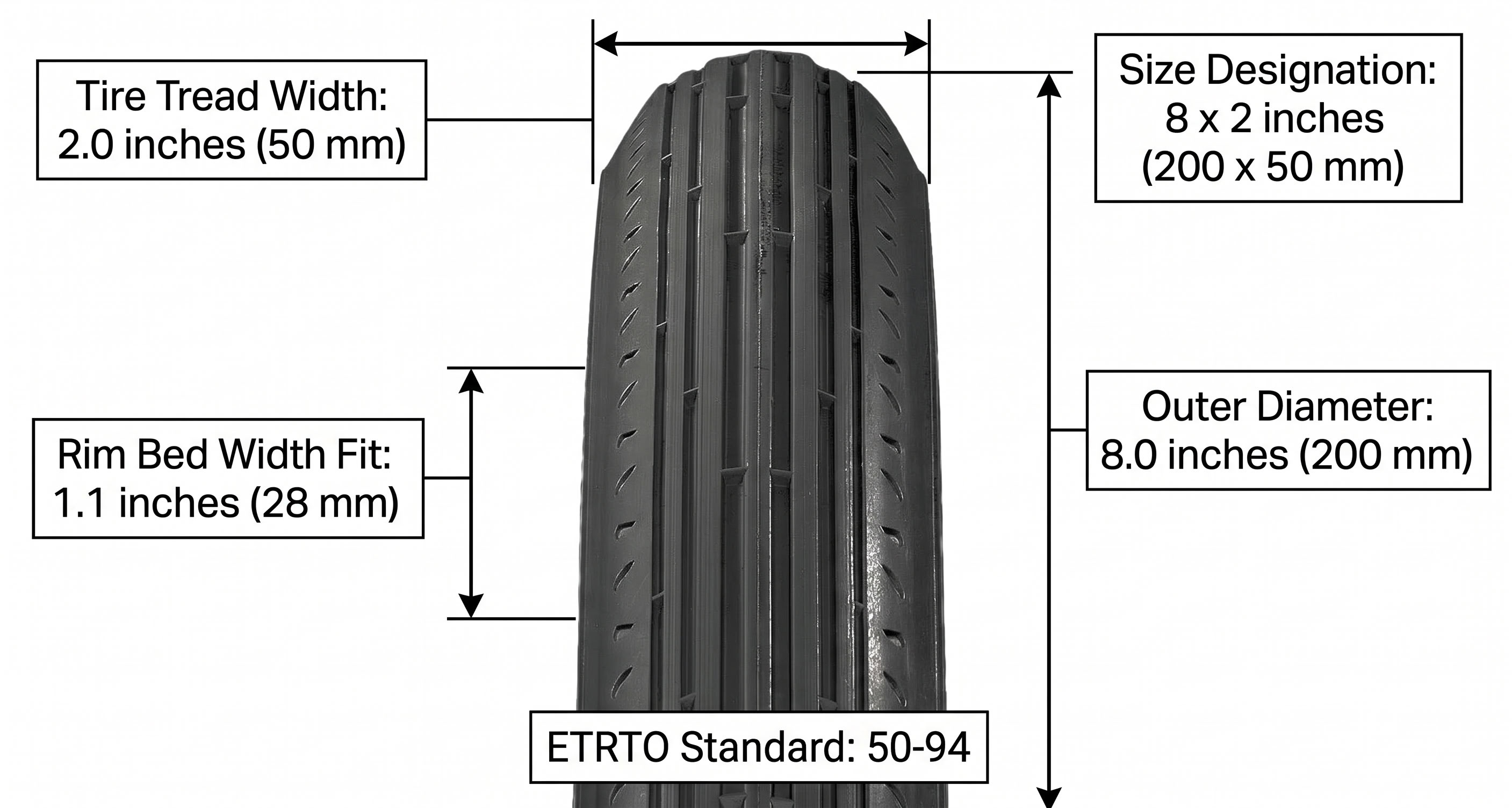 8x2 inch Black Non-Marking Tire dimensions