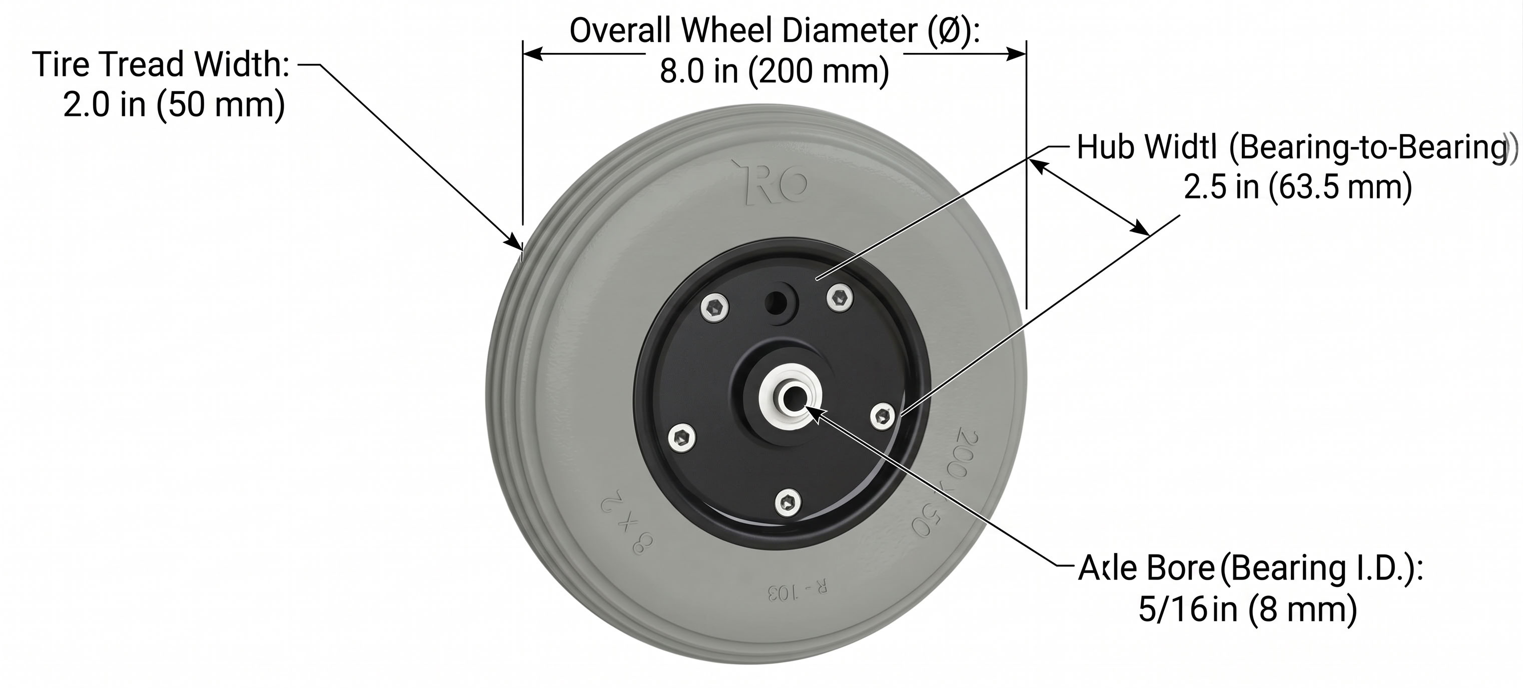 8x2 inch Caster Wheel dimensions diagram
