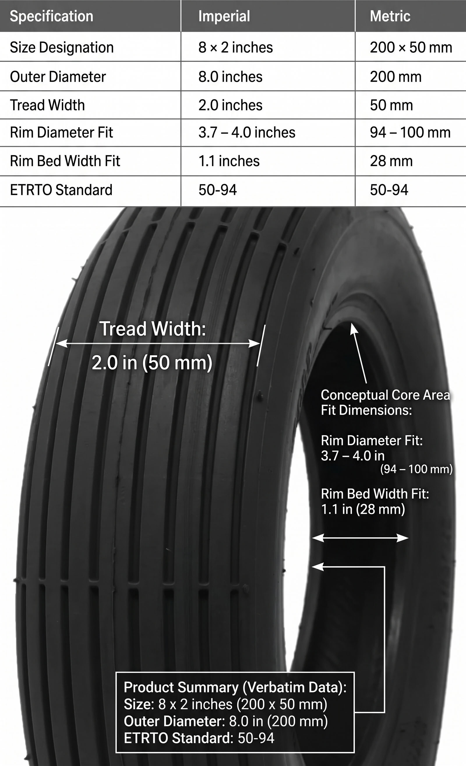 Rolko 8x2" pneumatic non-marking tire dimensions diagram