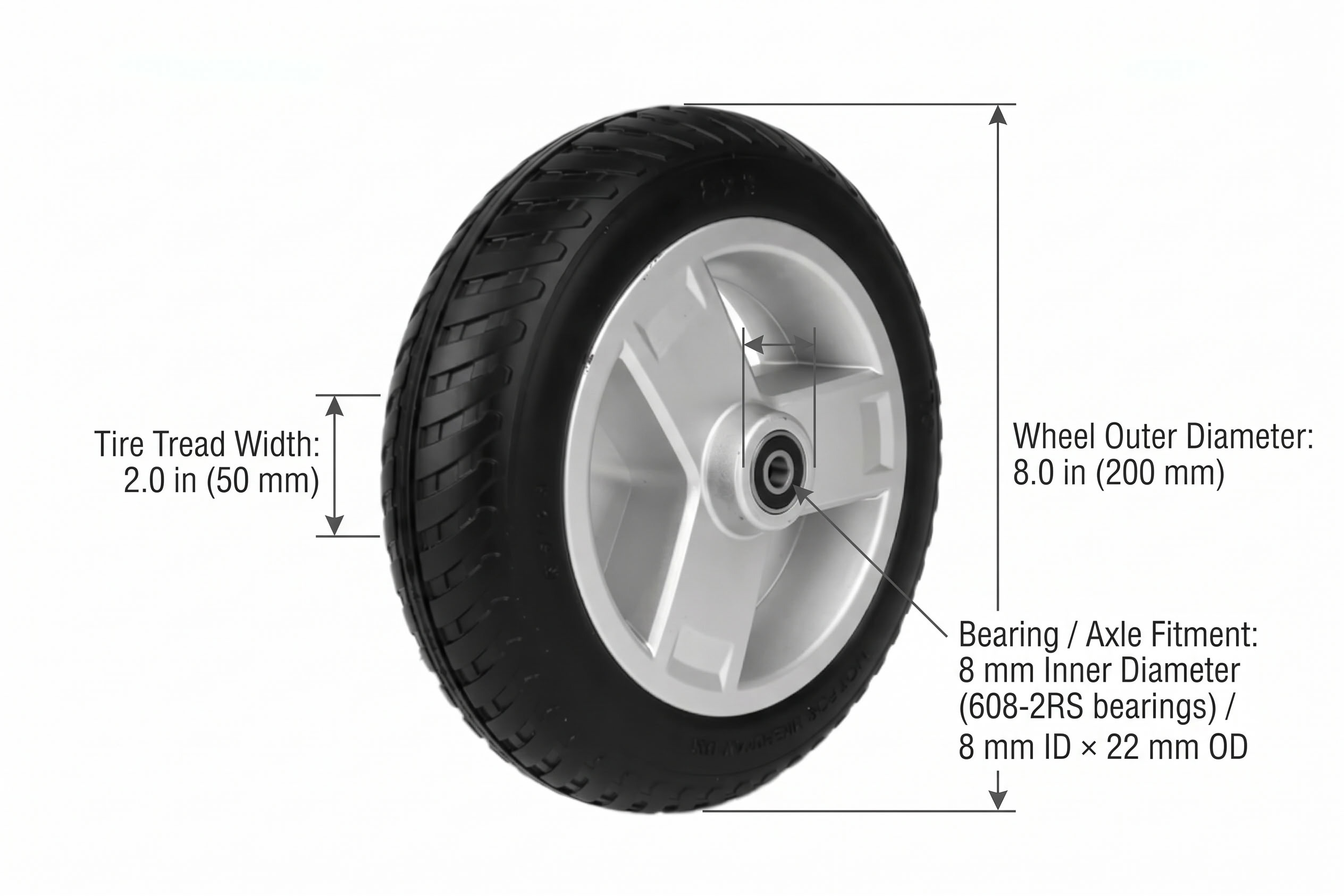 Rolko Pride Go-Go front wheel 8 x 2 inch 200 x 50 mm dimensions diagram