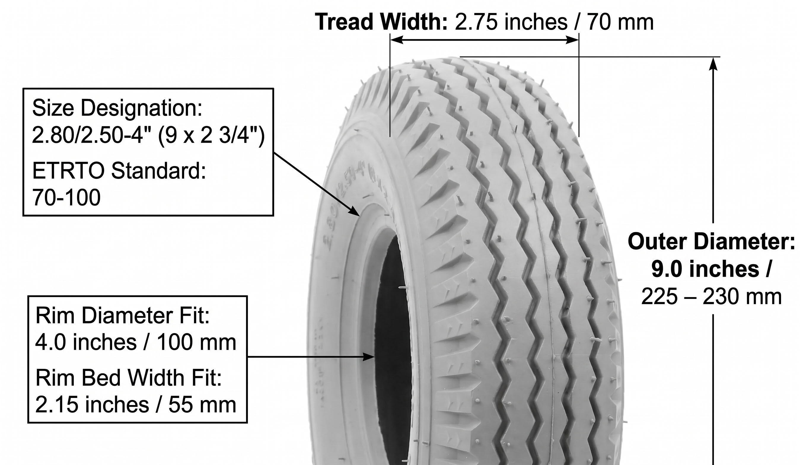 9 x 2 3/4 inch Sawtooth Tread Grey Tire dimensions