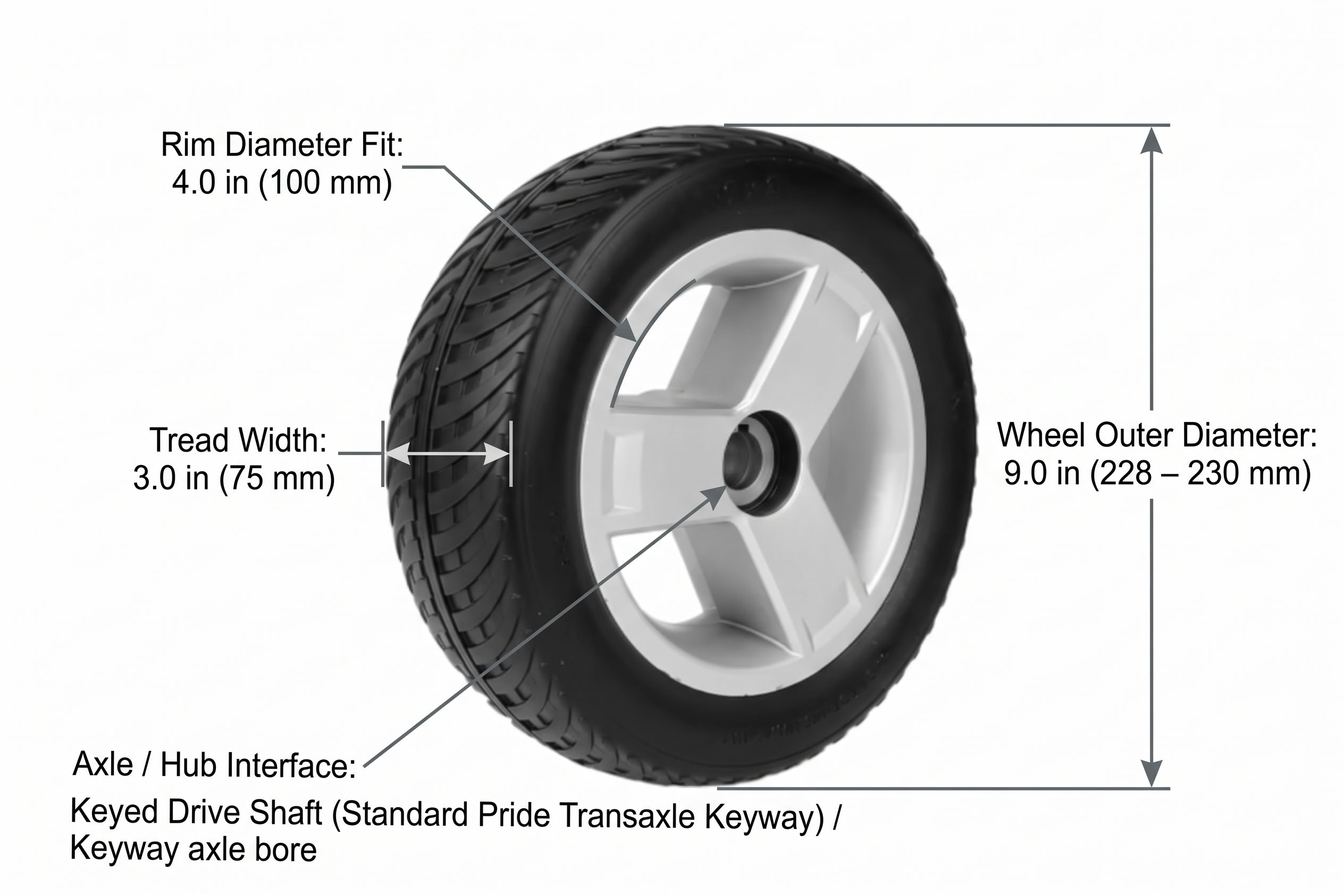 Rolko Pride Go-Go rear wheel 9 x 3 inch dimensions diagram
