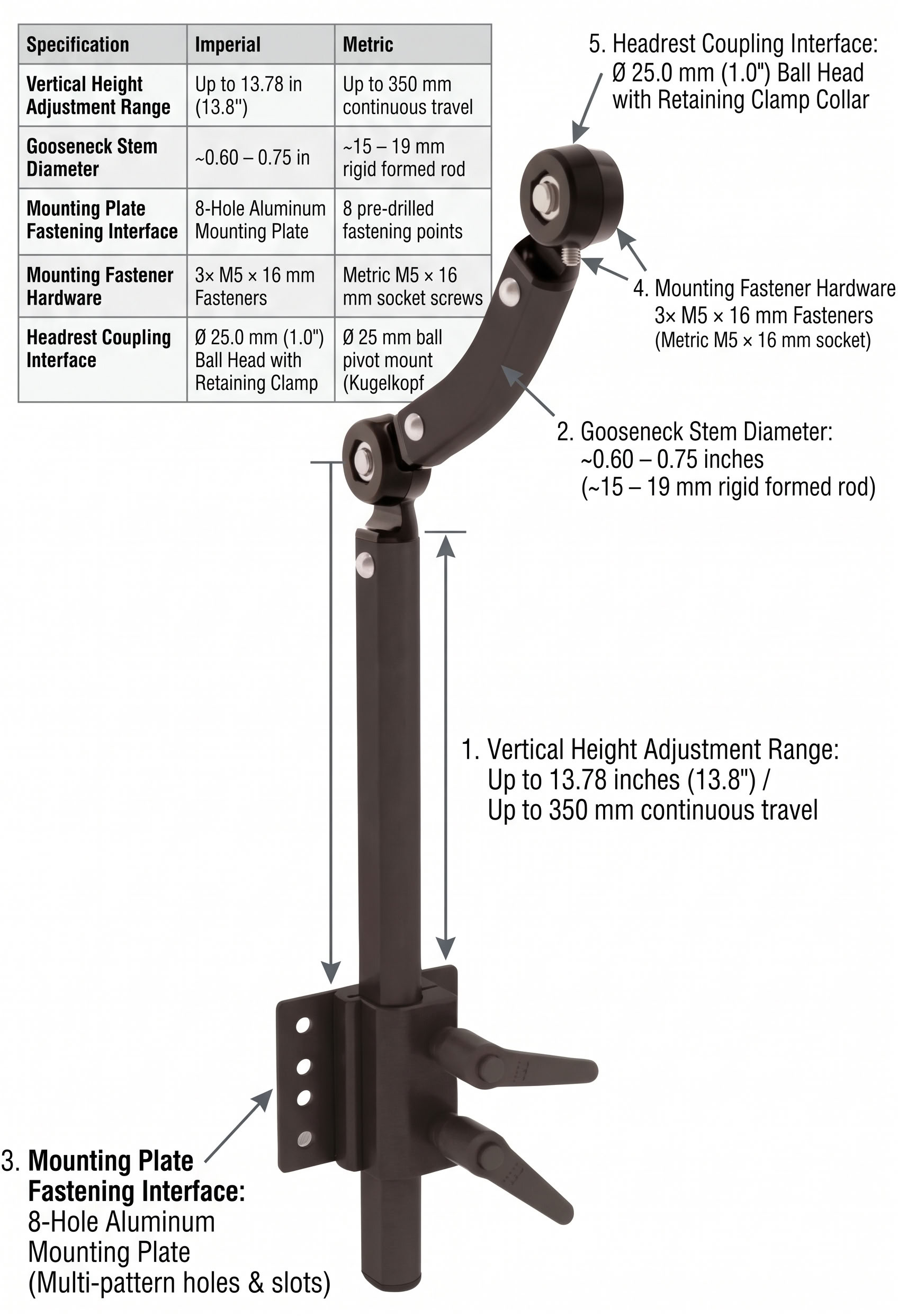 Rolko Goose Neck For Back Rest dimensions diagram