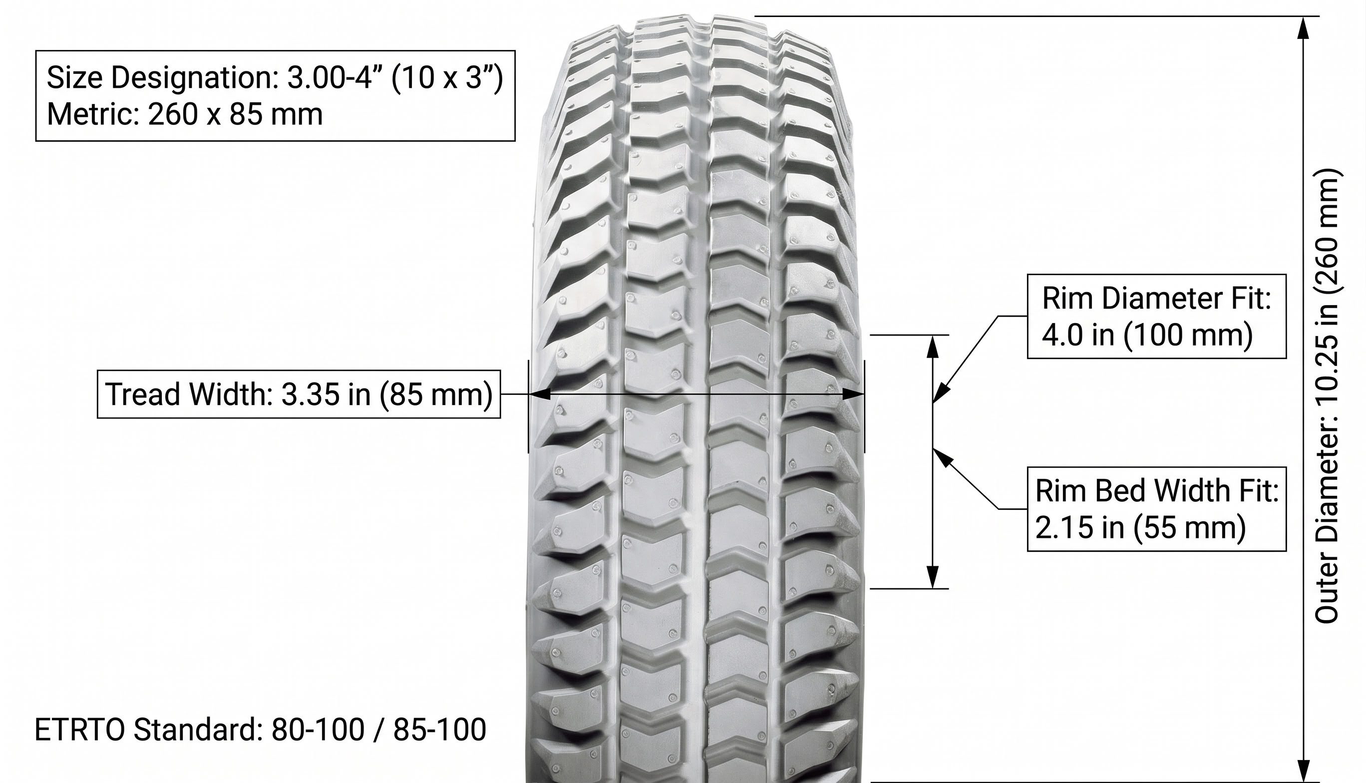 Rolko 3.00-4" All Weather Tire dimensions