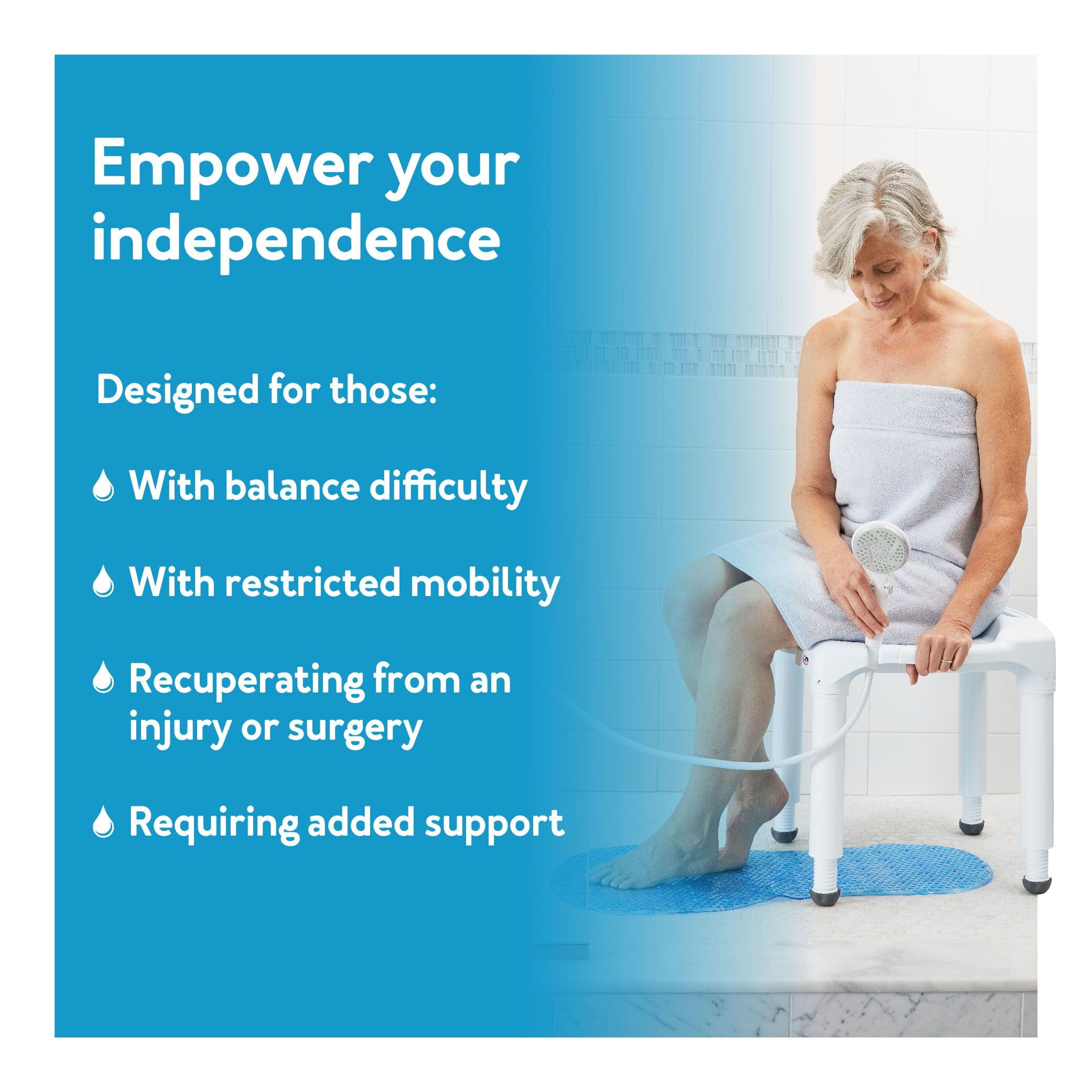 Empower your independence graphic showing an older woman seated on the Carex Universal Bath Seat without Back