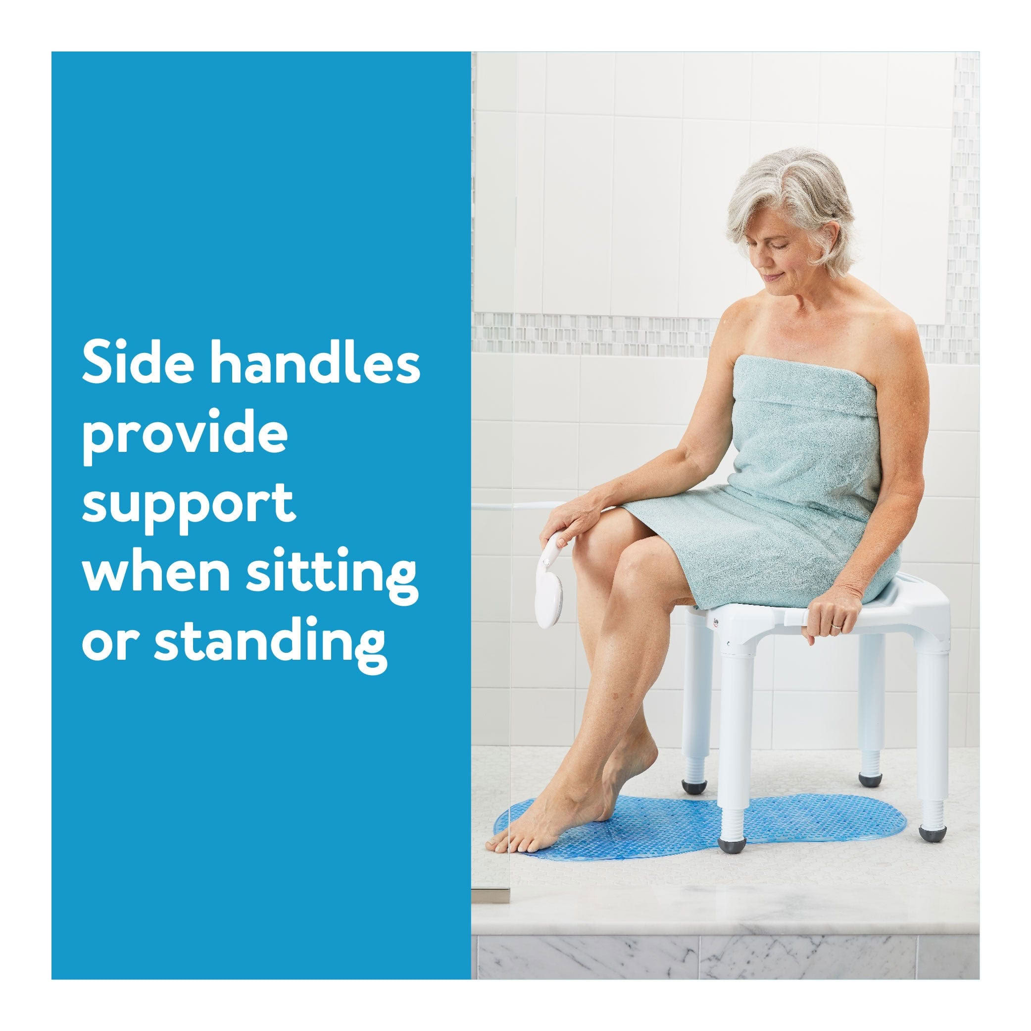 Older woman gripping the built-in side handle of the Carex Universal Bath Seat without Back while holding a hand-held showerhead