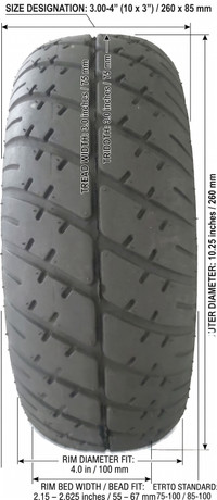 Rolko Durotrap 3.00-4 inch (10x3) tire dimensions diagram - Living Spinal