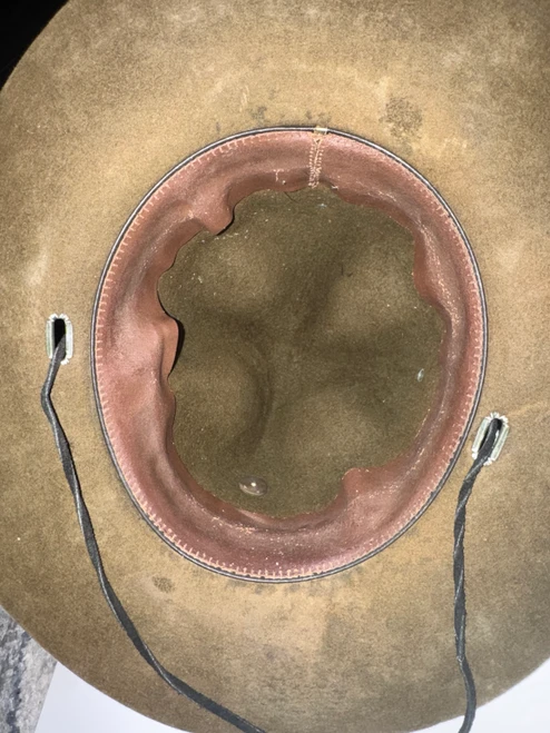 Interior leather sweatband of vintage U.S. Marine Corps campaign cover