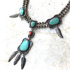 Vintage Necklace Native American Muti Pendant with Feathers Silver, Turquoise, Coral