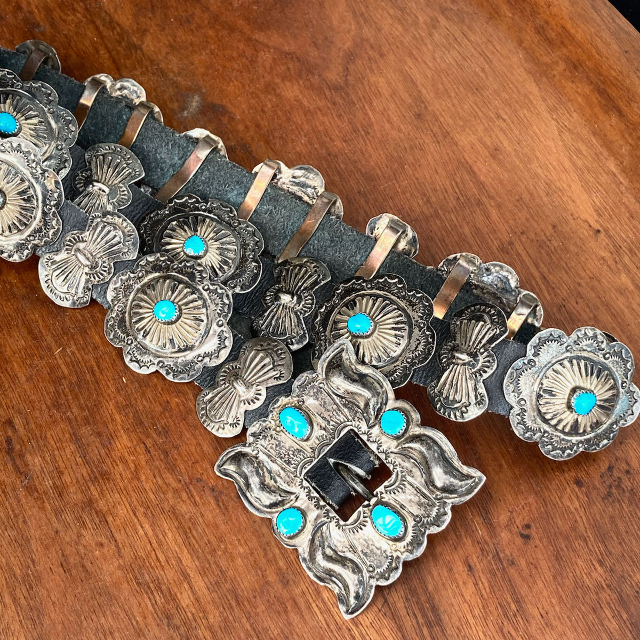 Navajo Concho Belt - Sterling & RARE Morenci Turquoise C. 1940s