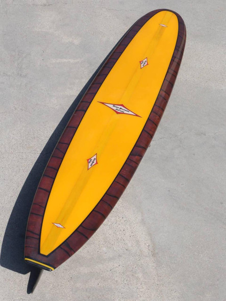 Mid-1960s Jacobs Multi-Logo Surfboard, Fully Restored, Yellow with Acid Splash