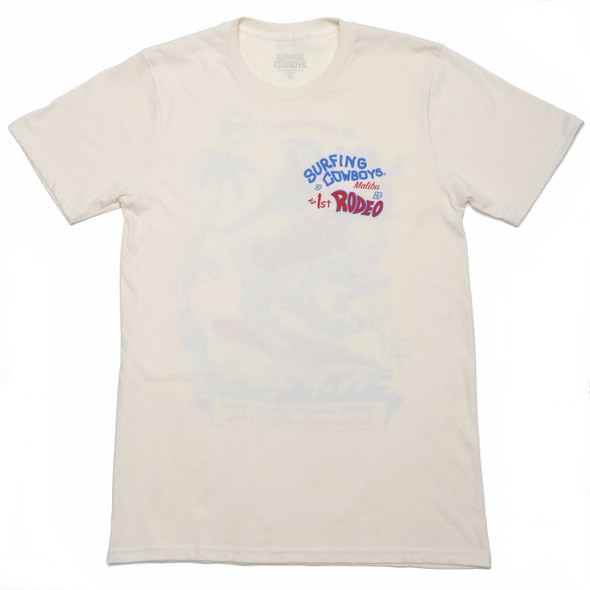 Front of t-shirt with pocket graphic print stating Surfing Cowboys since '95