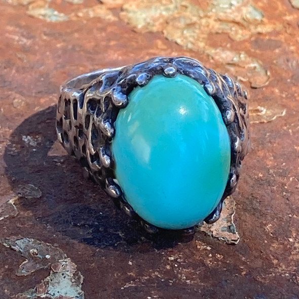 Modernist Sterling Ring with Persian Turquoise size 11.5 1960s USA