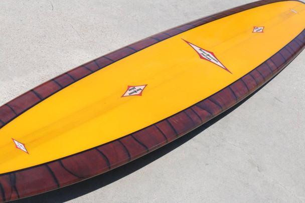 Mid-1960s Jacobs Multi-Logo Surfboard, Fully Restored, Yellow with Acid Splash