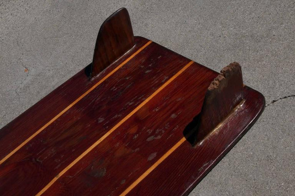 Redwood Twin-Fin Belly Board with Hardwood Stingers, circa 1950