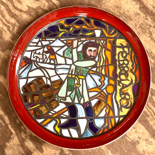 This colorful ceramic platter captures the spirit of the February season by commemorating the month in style. Made in England by Poole Pottery this 1970s 13" platter weaves Ye' Olde Medieval style with modernity and verve. Sold singly but part of a larger series.  Please view the other available platters on our website.