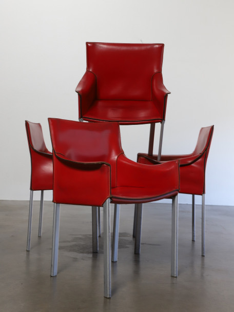 Enrico Pellizzoni  Red Leather Dining Chairs, 1980s Italy, Set of 4