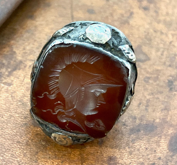 Early 1800s Sterling 10K Gold Carnelian Conquistador Ring looking down at front face of ring