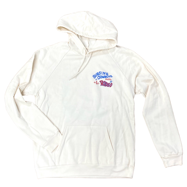 Front view of Rodeo cream hoodie with chest side pocket placement graphic